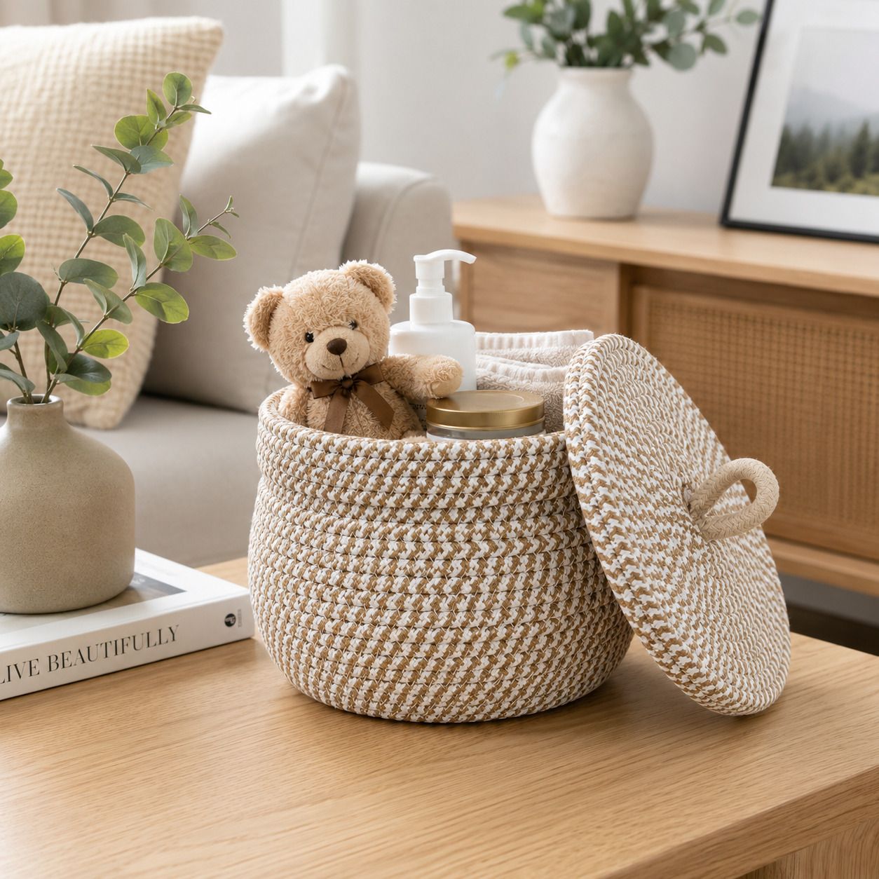 Jute, Cotton Handwoven Rope Storage Basket with Lid | Round Multipurpose Organizer Storage Basket-image-32