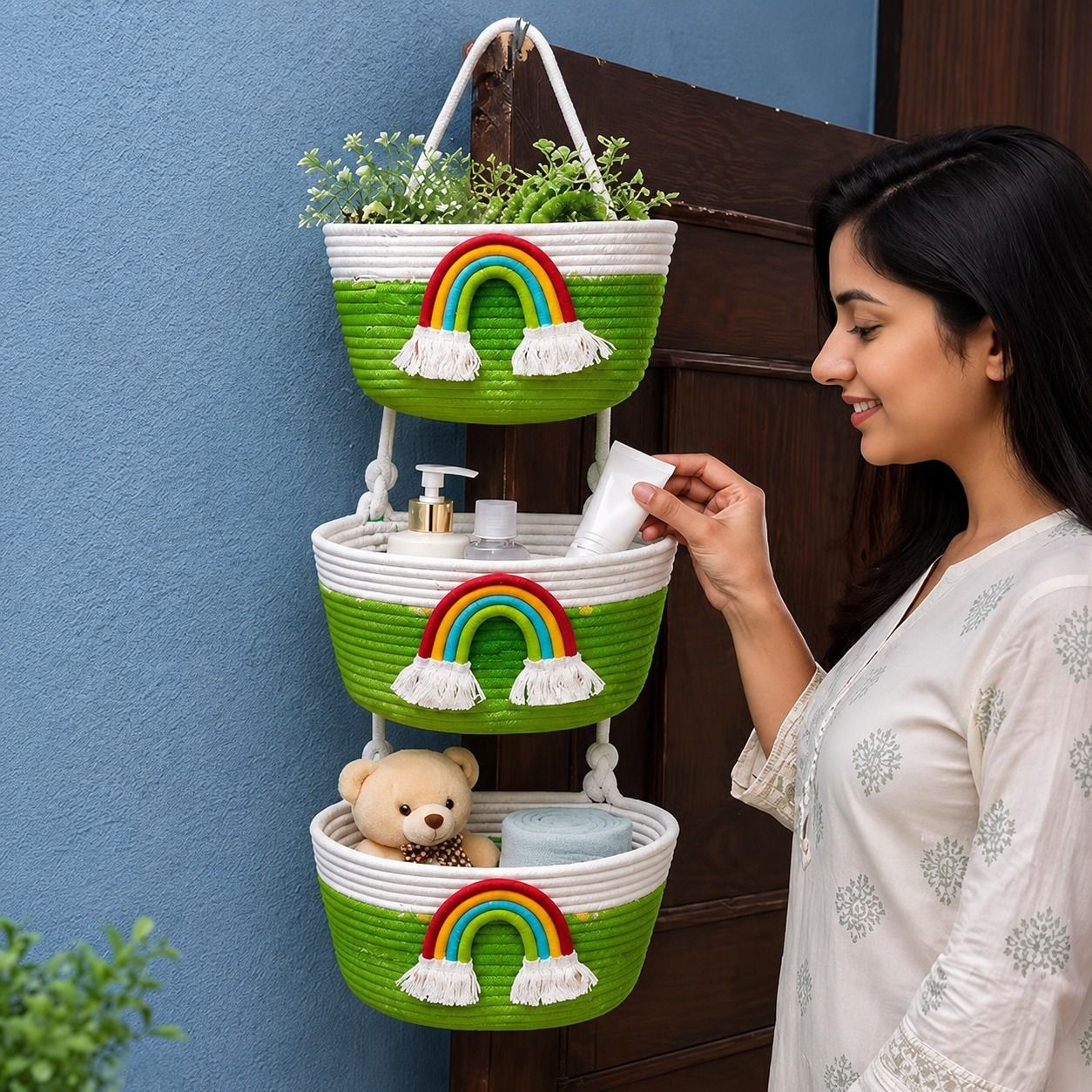 Jute 3 Tier Cotton Rope Hanging Storage Basket Organizer Parrot Green Rainbow Design Storage Basket-image-26