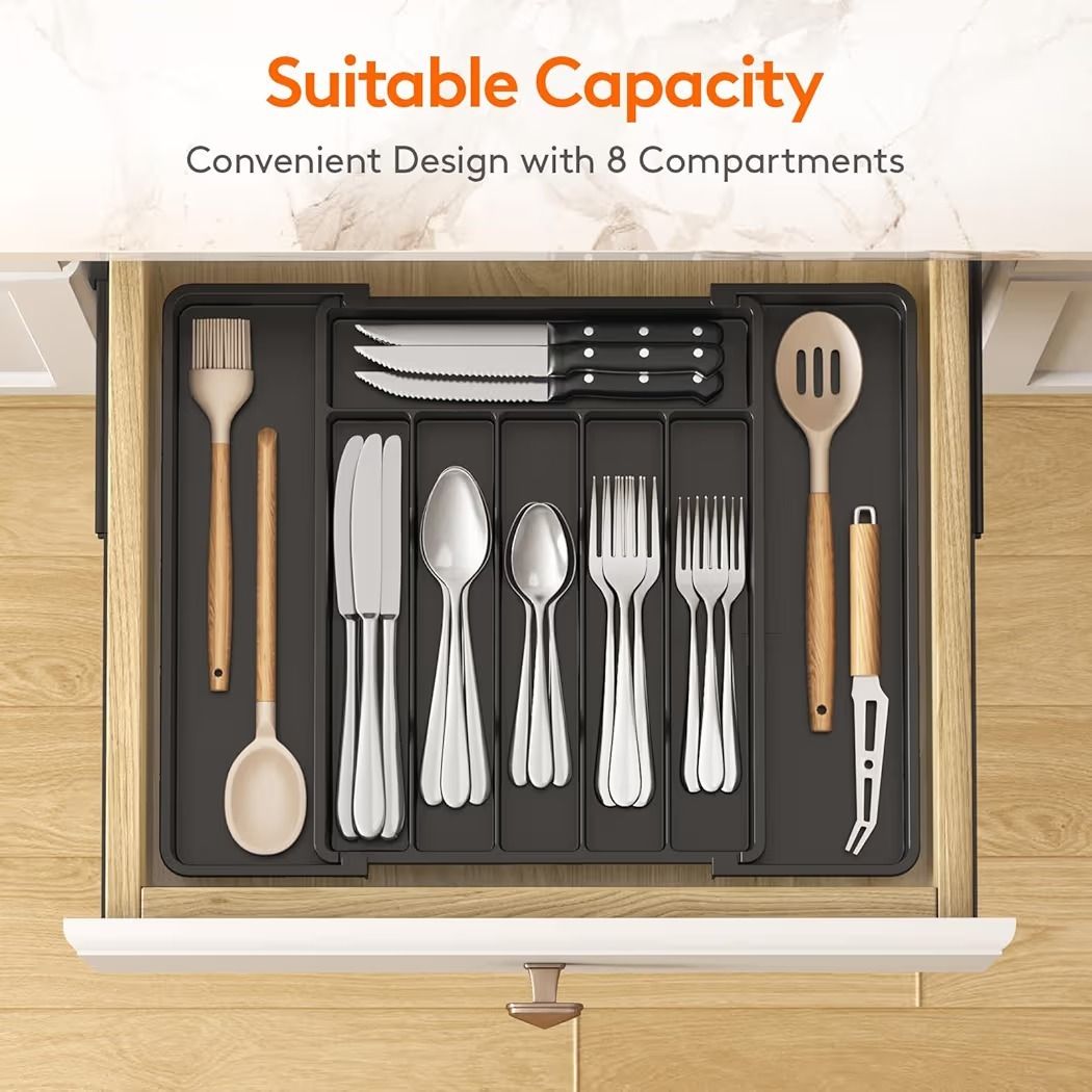 Plastic Kitchen Rack, Cutlery Drawer Organizer, Adjustable Utensil Tray ( BLACK - 1 ) Storage Basket-image-19