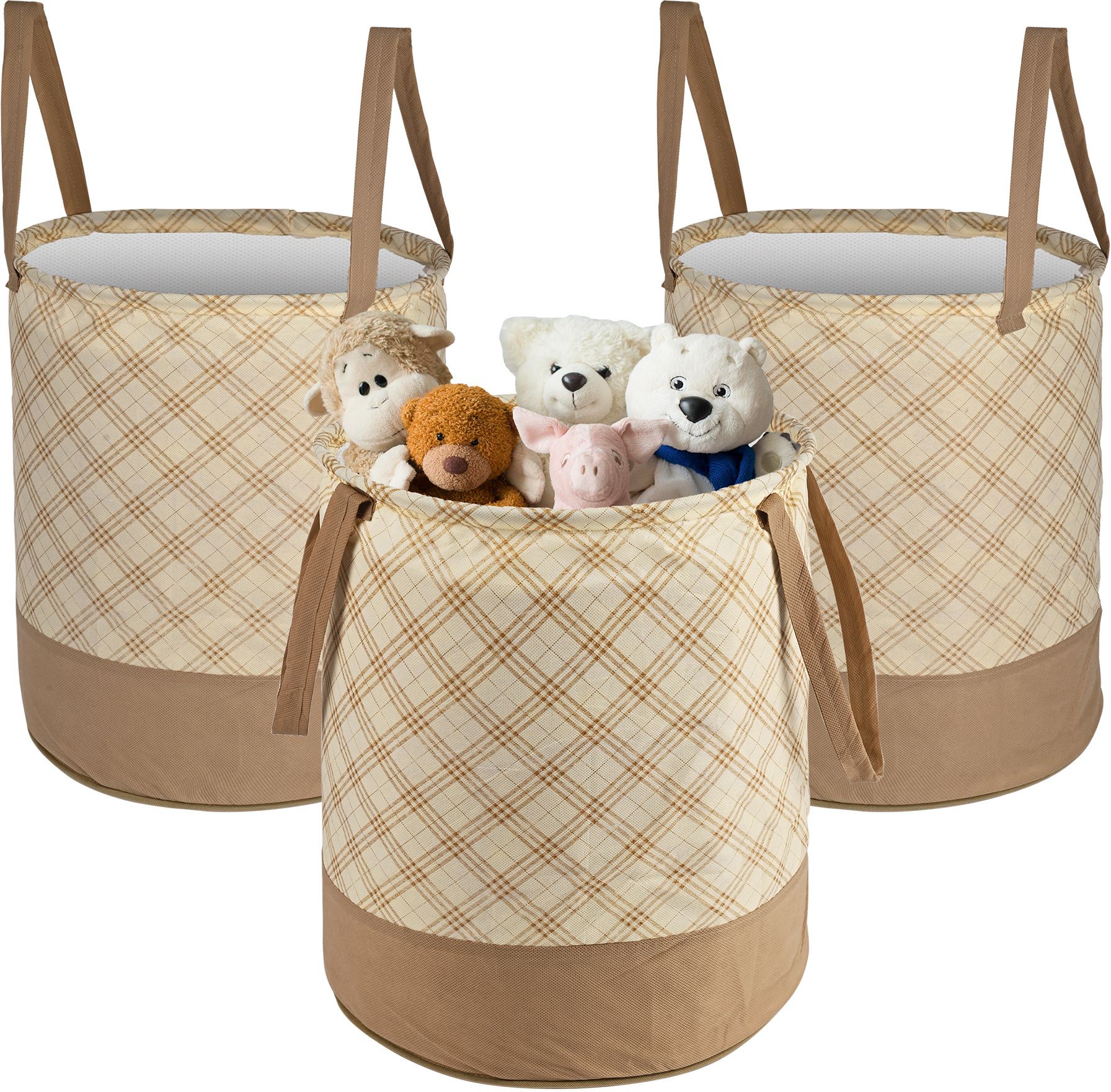 kuber industries Cotton Pack of 3 Checkered Foldable 45L Toys Organizer for Kids Room | Cream Storage Basket-picture-26
