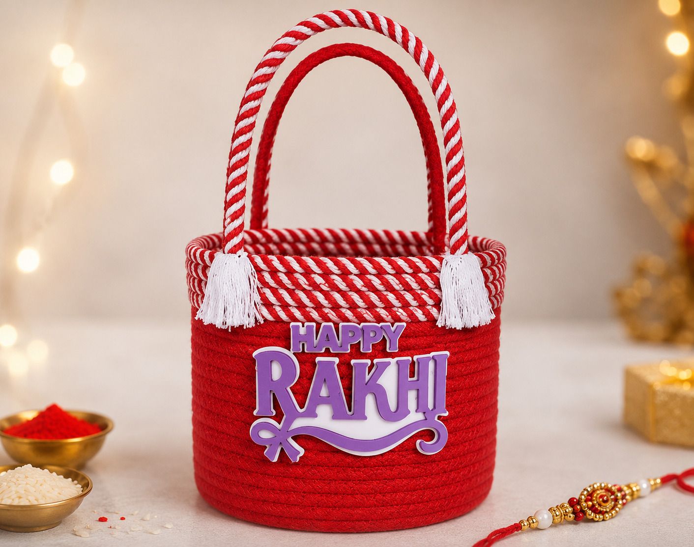 my houseworld Cotton red and white festive Rakhi design Storage Basket-picture-19