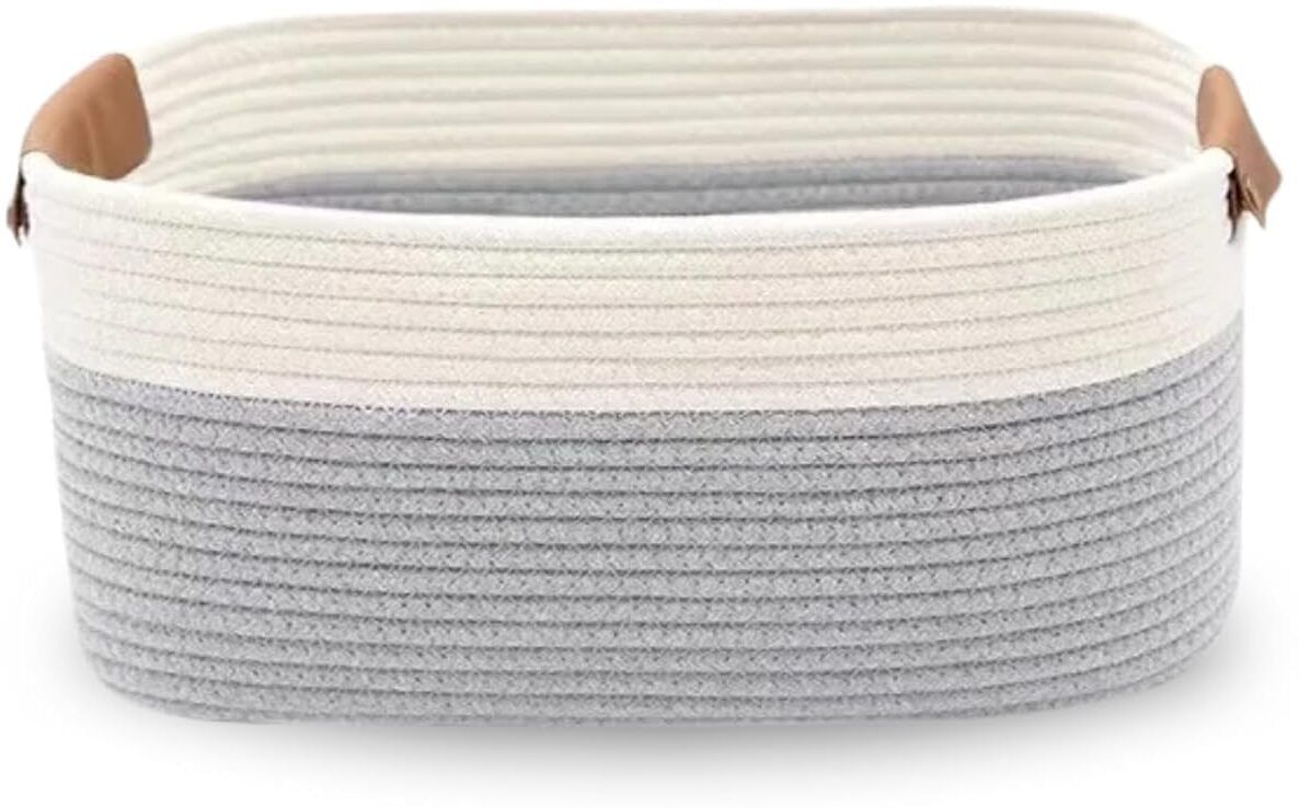 Cotton Two-Tone Cotton Rope Storage Basket with Leather Handles for Home Organization Storage Basket-image-5