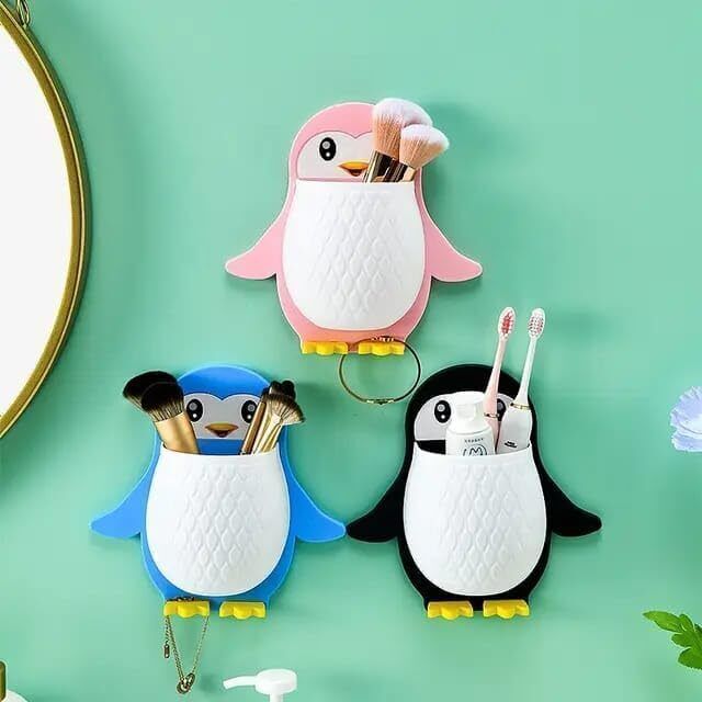 Plastic Penguin Design Wall Mounted Storage Organizer for Bathroom/Kitchen Etc x3.525 Storage Basket-image-1