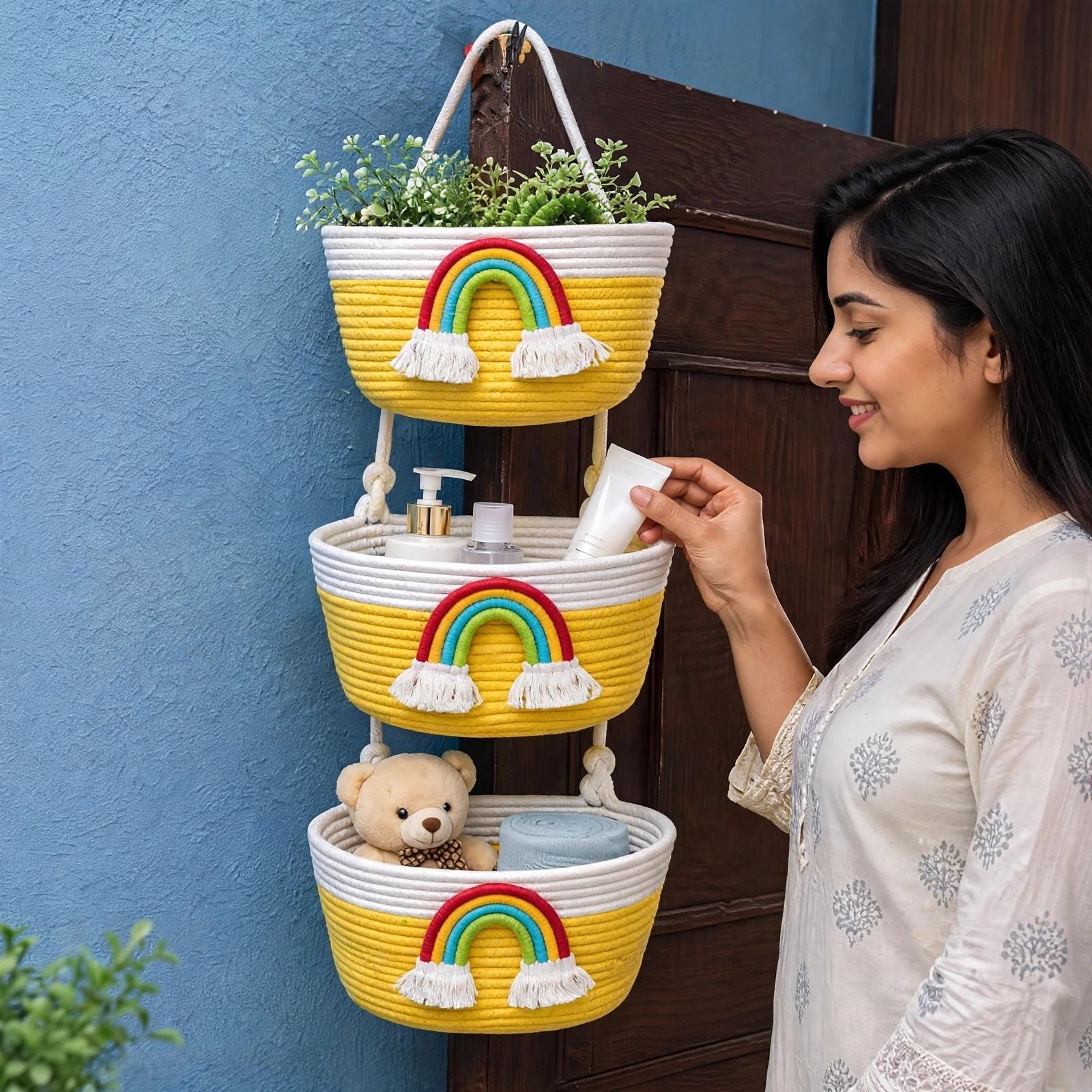 shri shyam Jute 3 Tier Cotton Rope Hanging Storage Basket Organizer | Yellow Rainbow Design Storage Basket-picture-38