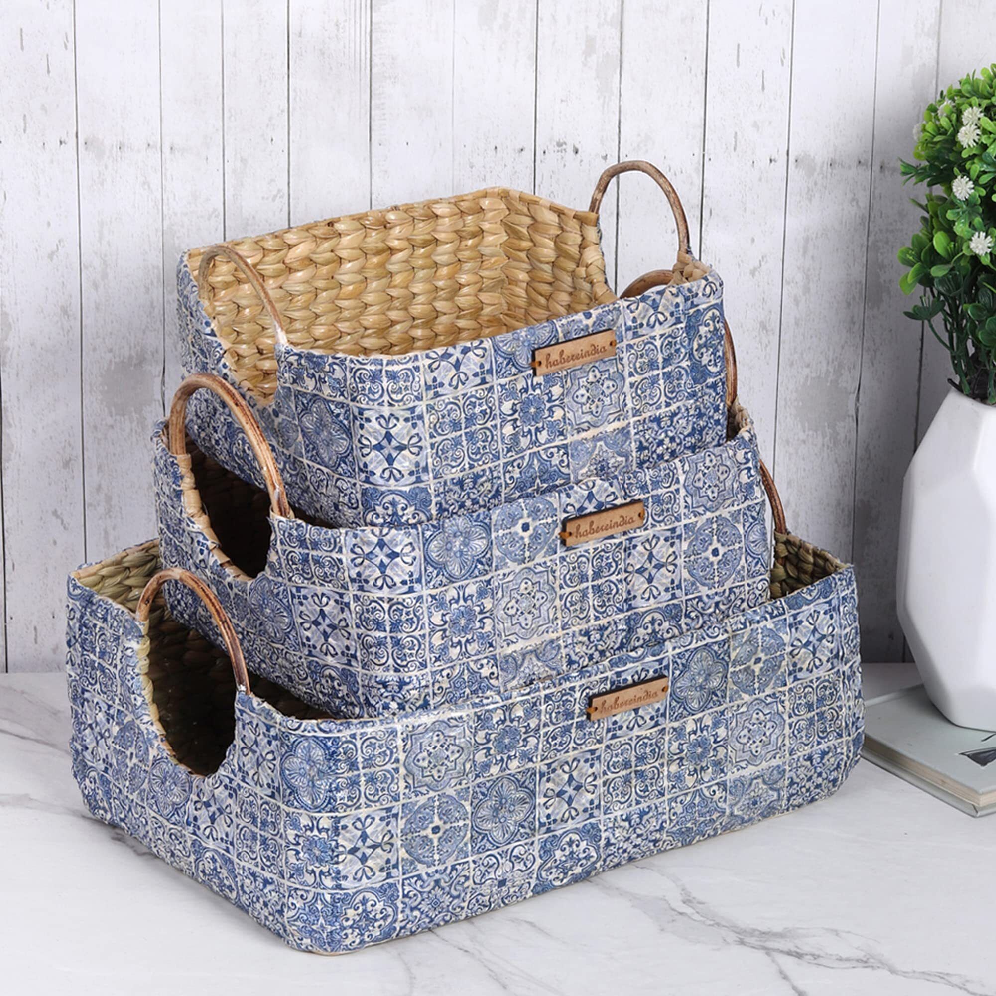 habereindia Seagrass Handcrafted Seagress Cane Handle Storage Basket Set of 3 Storage Basket-picture-31