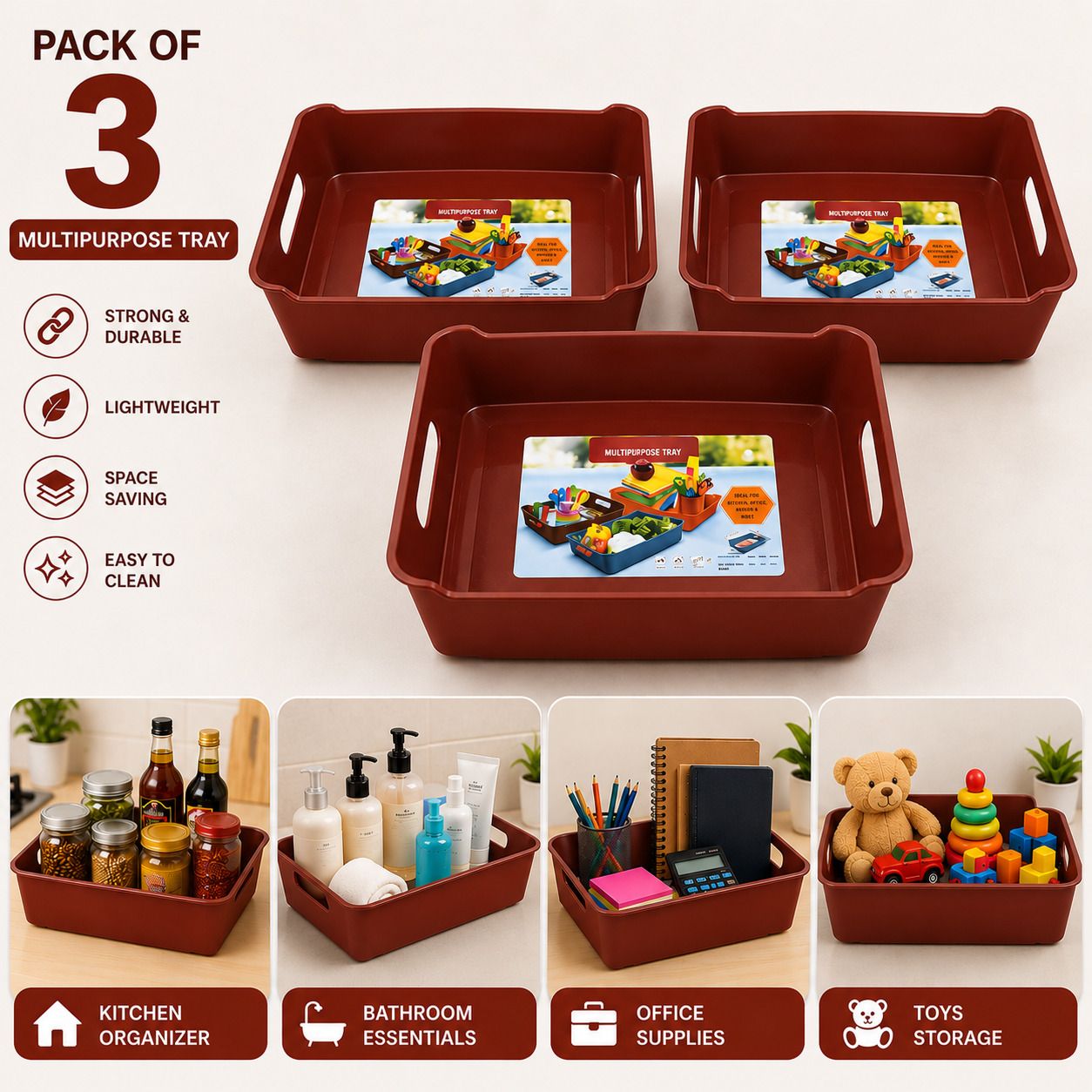 Plastic Pack of 3 Multipurpose Plastic Storage Tray with Handles for Kitchen & Home Storage Basket-image-13
