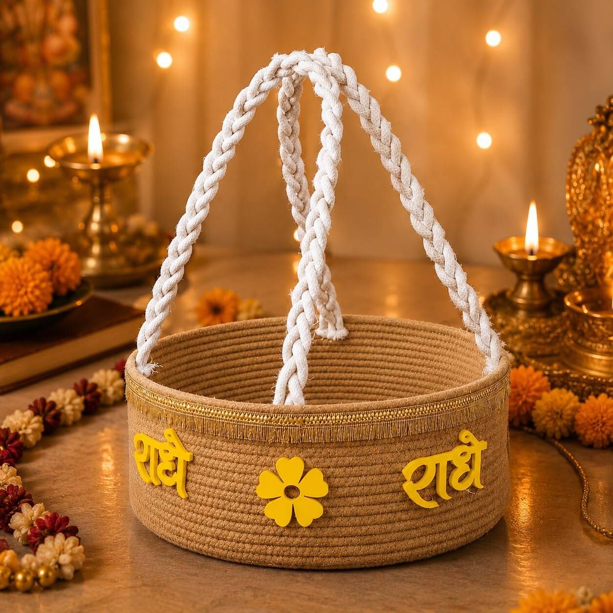 Jute Bellavia Traditional Handmade Cotton Pooja Basket for Laddu Gopal, Mandir. Storage Basket-image-20