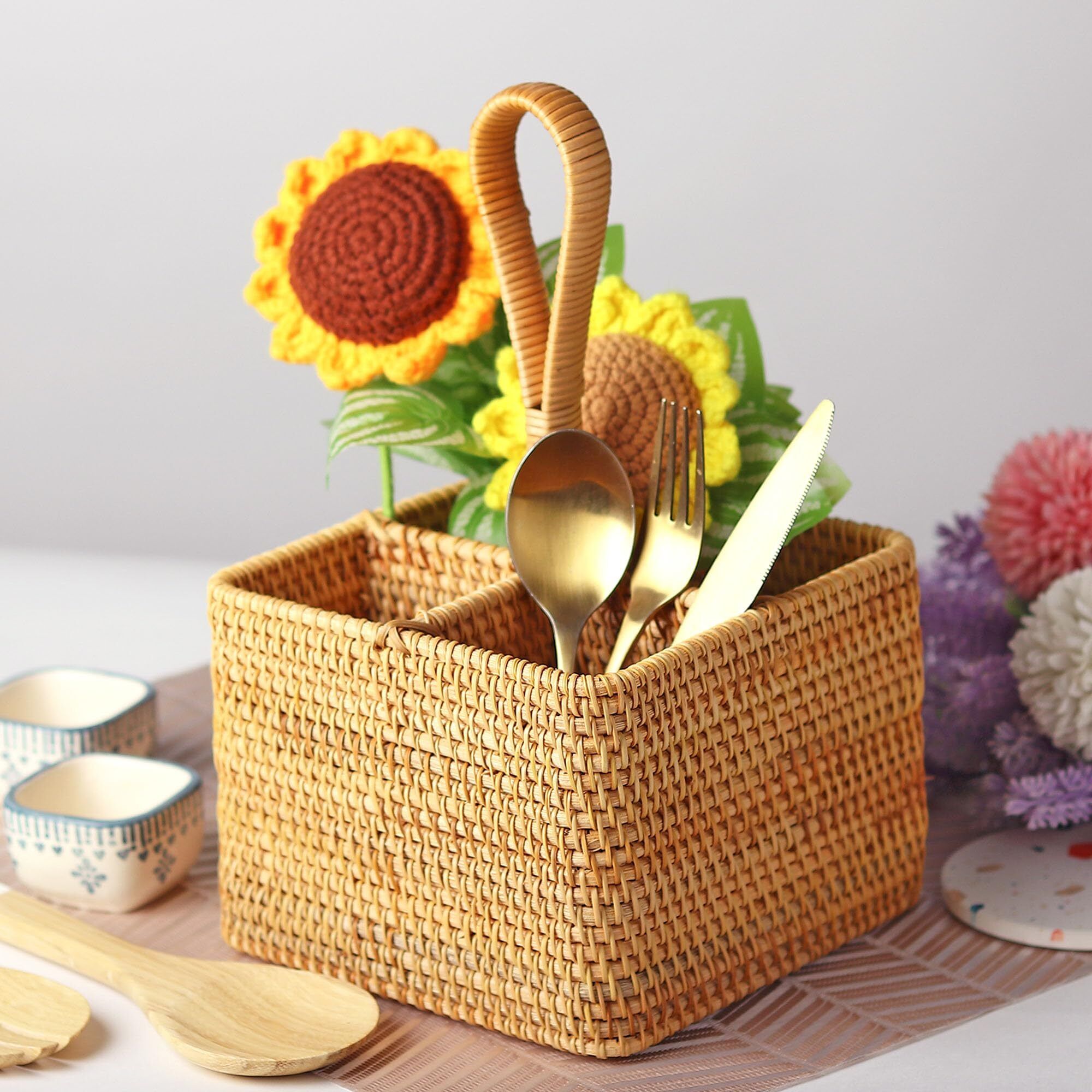 habereindia Bamboo Rattan Spoon Stand for Kitchen Counter, Cutlery Holder, and Table Organizer Storage Basket-picture-20