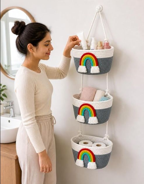 handcrafted Cotton Handmade 3-Tier Grey Cotton Rope Hanging Storage Basket with Rainbow Decoration Storage Basket-picture-39