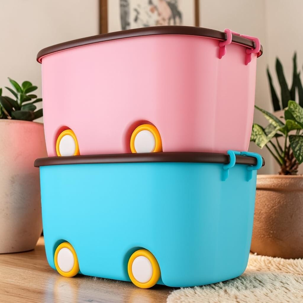 Plastic 25L Storage Box Stackable with Wheels Lid Plastic Storage Multi Colour Storage Basket-image-39
