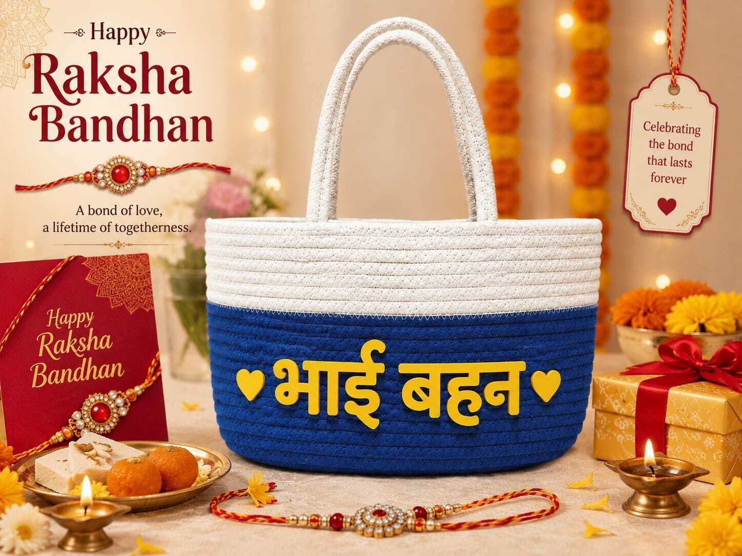 my houseworld Cotton Bhai Behan Gift Basket with Handle Blue Storage Basket-picture-13