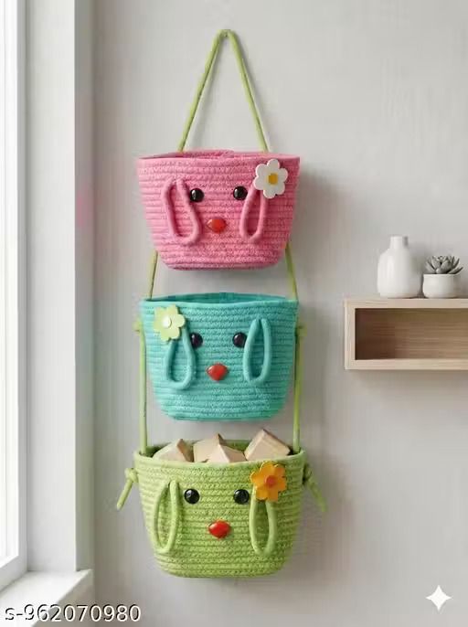 srishyam Jute 3-Tier Wall Hanging Basket Cotton Rope Organizer OWG Storage Basket-picture-18