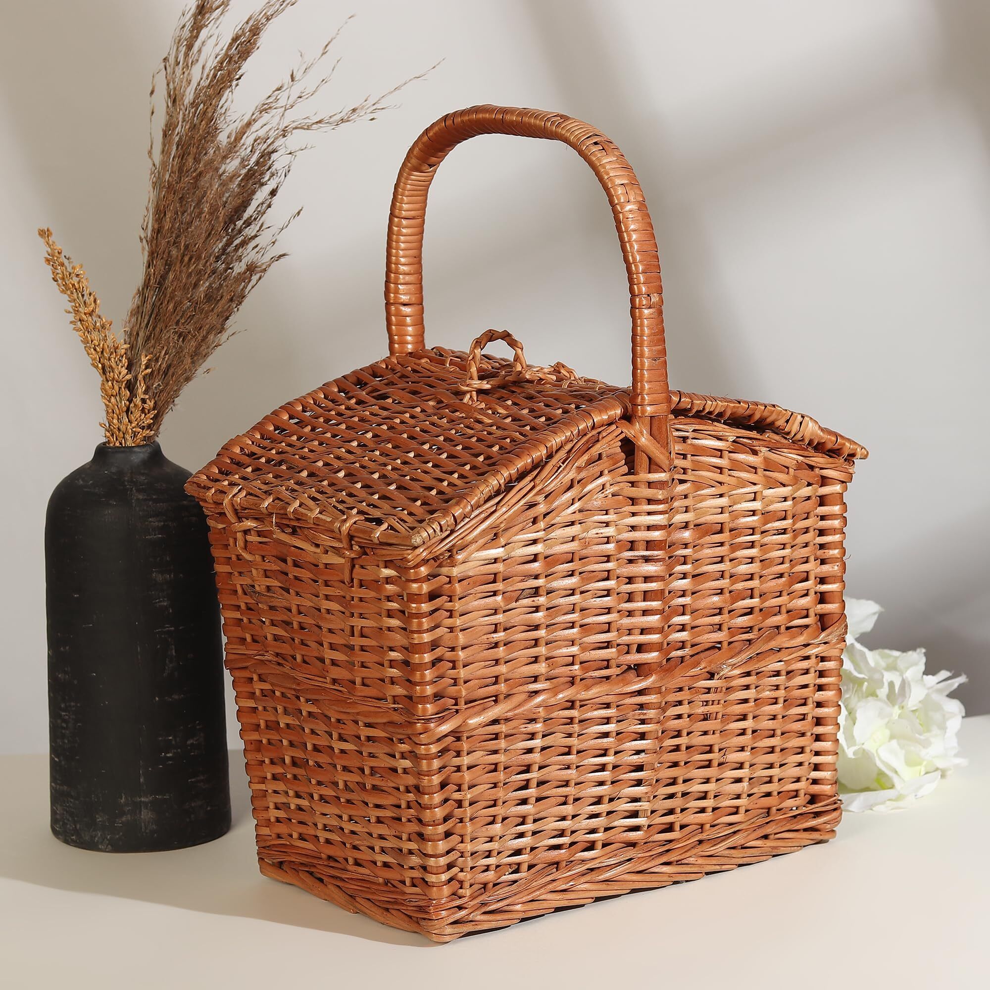 Bamboo Eco Friendly Picnic Basket Medium Handmade Outdoor Utility Storage Basket-image-34