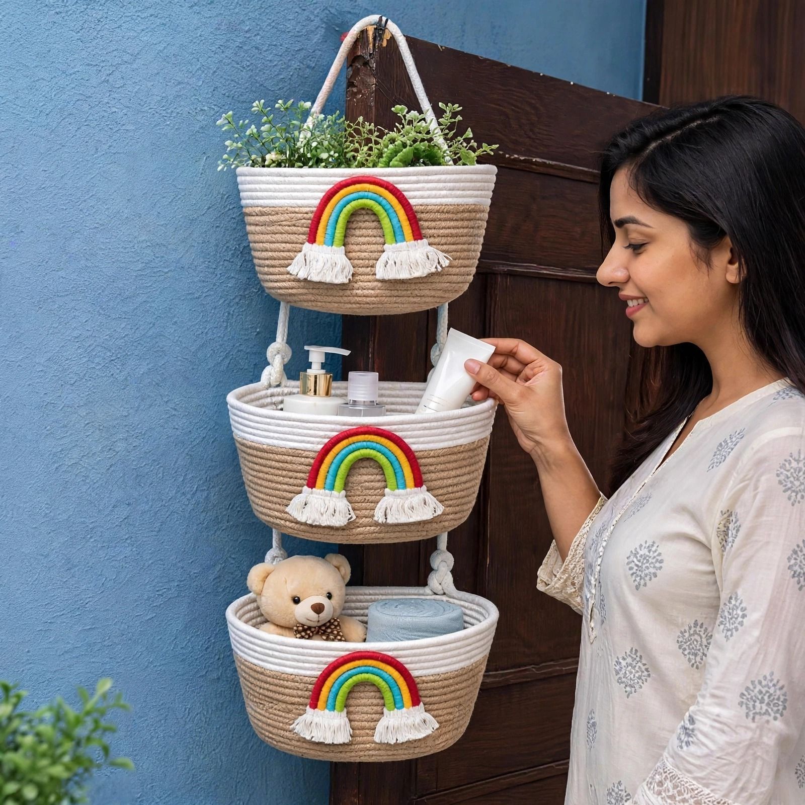 shri shyam Jute 3 Tier Cotton Rope Hanging Storage Basket Organizer | Beige Rainbow Design Storage Basket-picture-35
