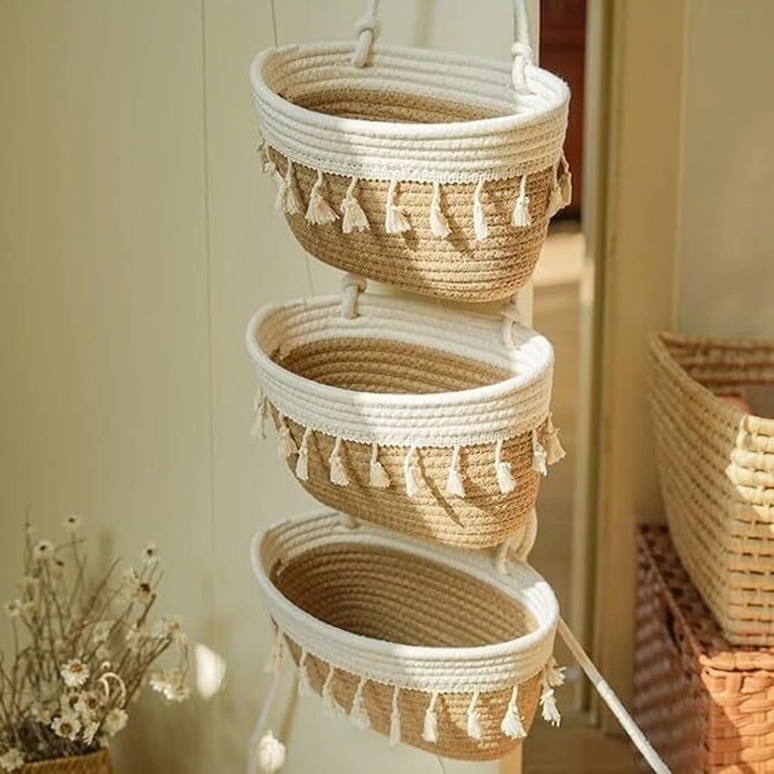 adeeba handloom Cotton Beige White Hanging Storage Basket-picture-11