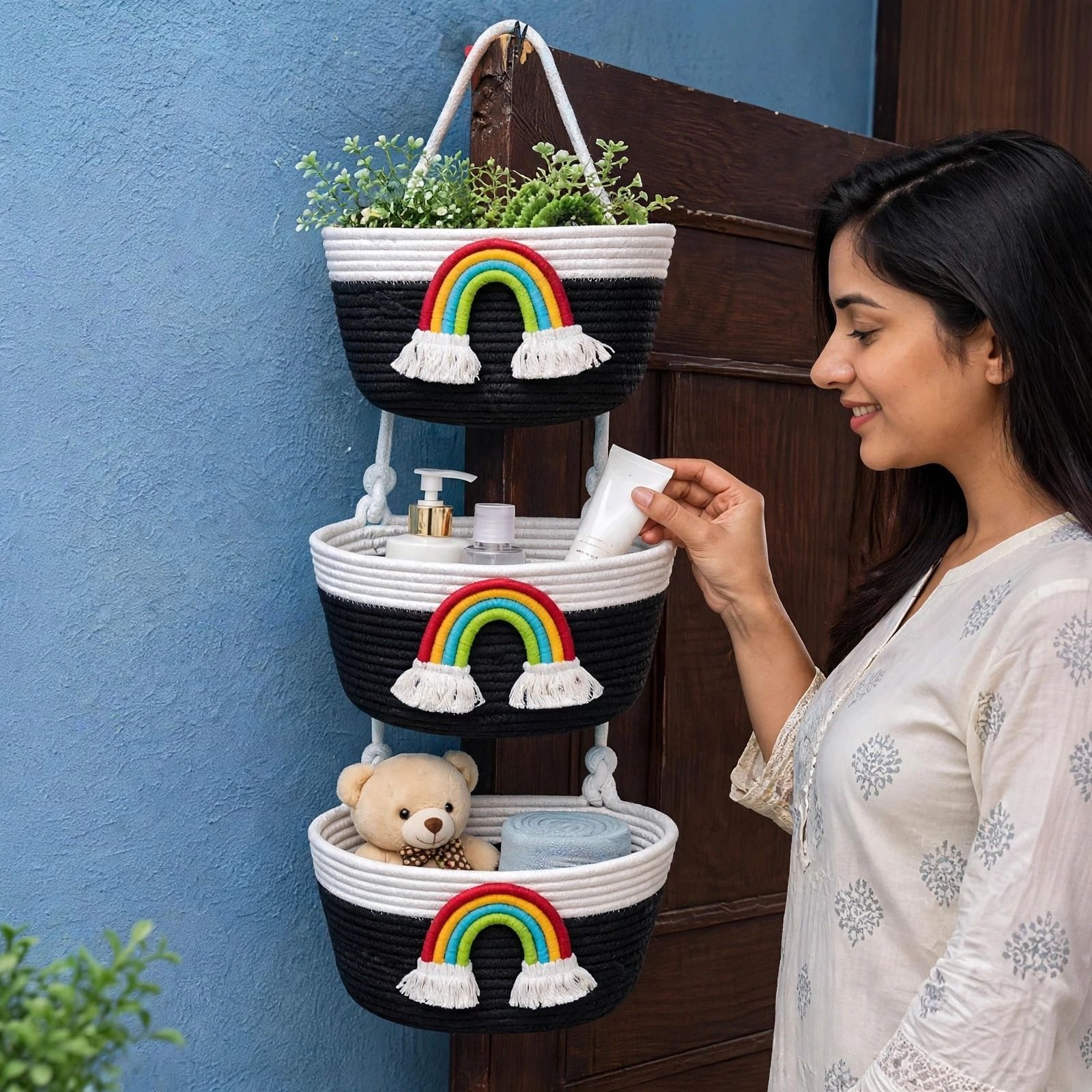 Jute 3 Tier Cotton Rope Hanging Storage Basket Organizer | Black Rainbow Design Storage Basket-image-7