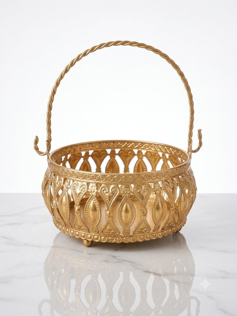 Iron Gold Metal Flower Basket with Handle Filigree Phool Tokri for Pooja Decor 5" Storage Basket-image-47