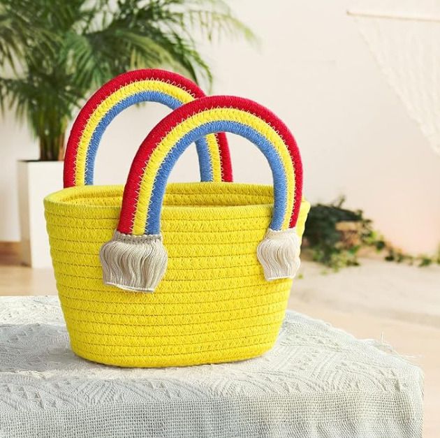 Cotton Handmade Rainbow Handle Yellow Woven Organizer Storage Basket-image-37