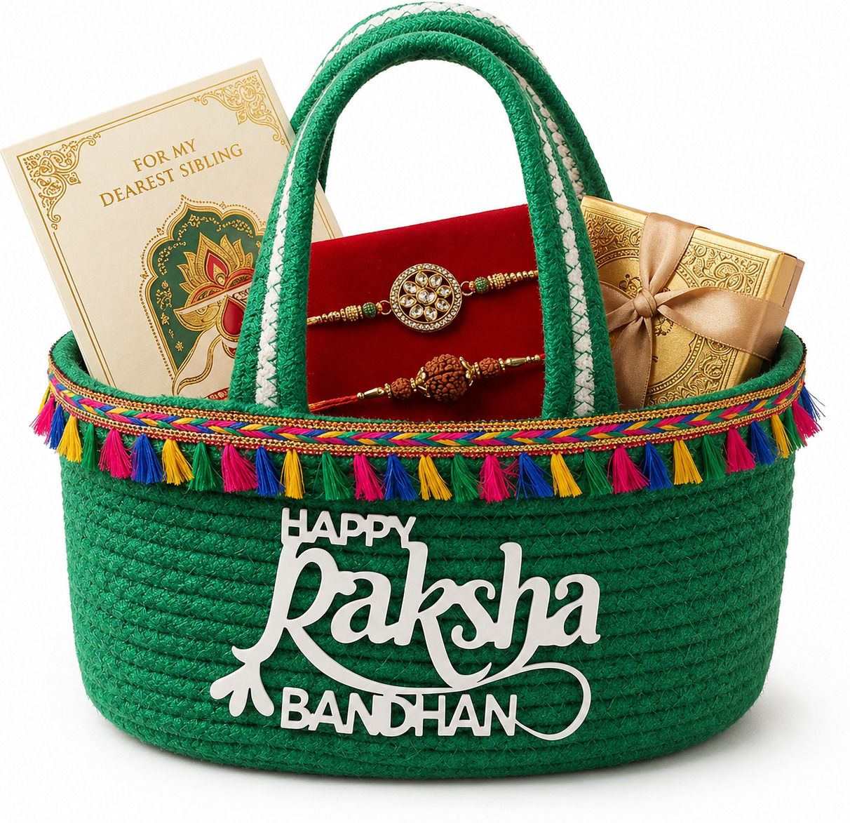 ktrugs Cotton Emerald Green Hamper Basket for Rakhi Gifting with Handles- 10x5x5 inches Storage Basket-picture-24