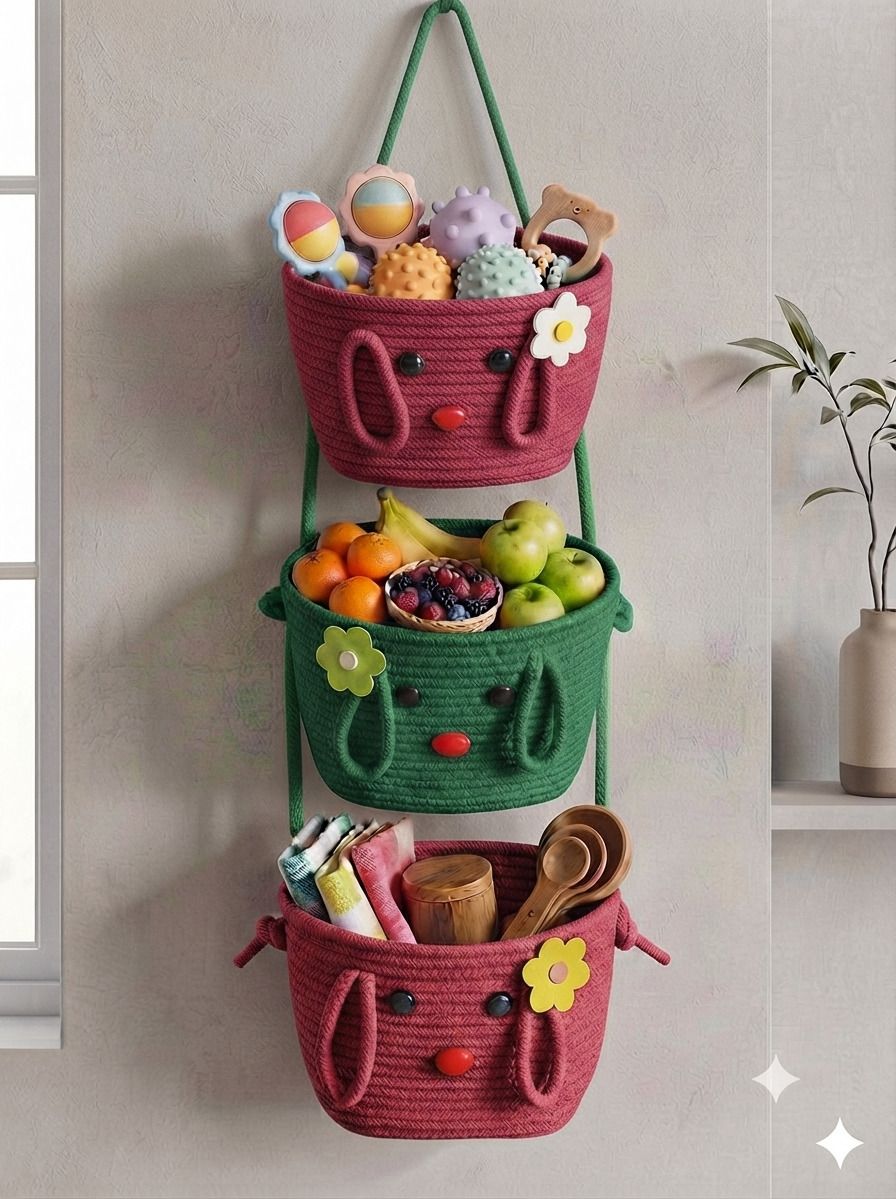 venox Jute, Cotton 3-TIER HANGING STORAGE BASKET WITH TEDDY EYE Storage Basket-picture-24