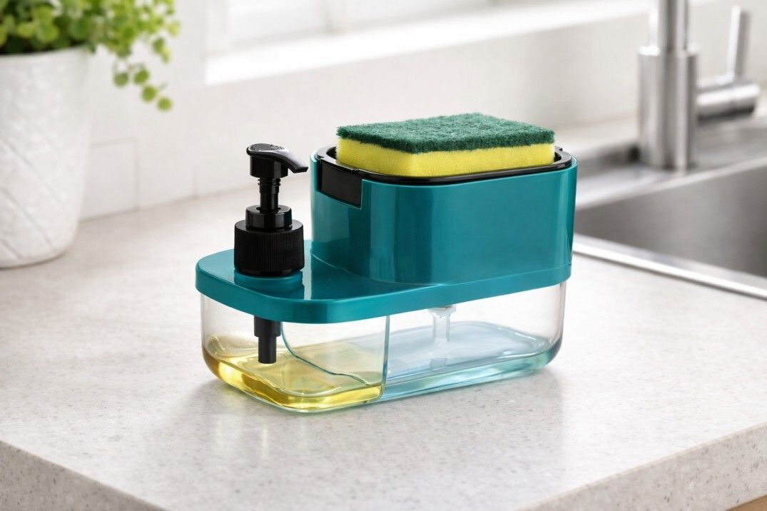 Plastic 3 in 1 Kitchen Sink Soap Dispenser Sponge Holder Liquid Dish/Handwash Dispenser Storage Basket-image-3