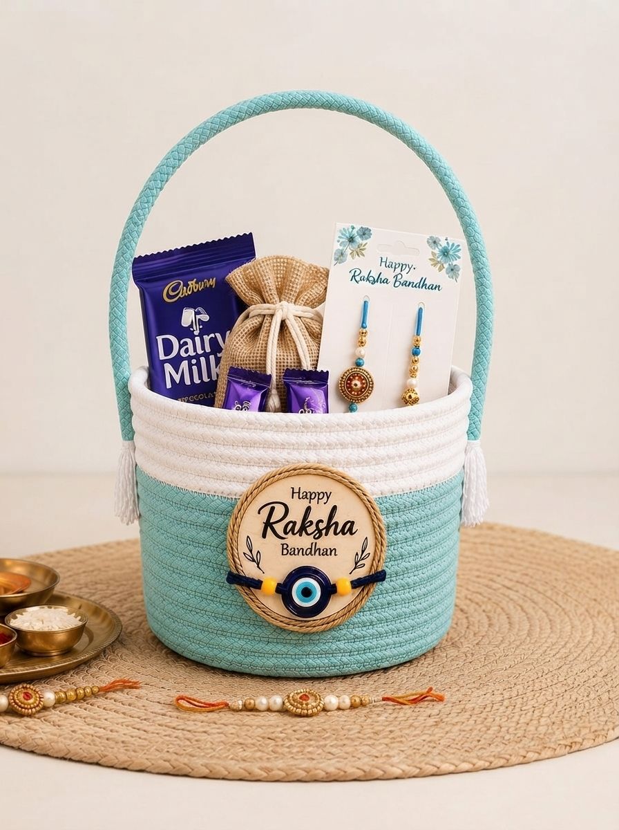 Cotton Aqua Cotton Rope Raksha Bandhan Gift Basket with Handle Storage Basket-image-34