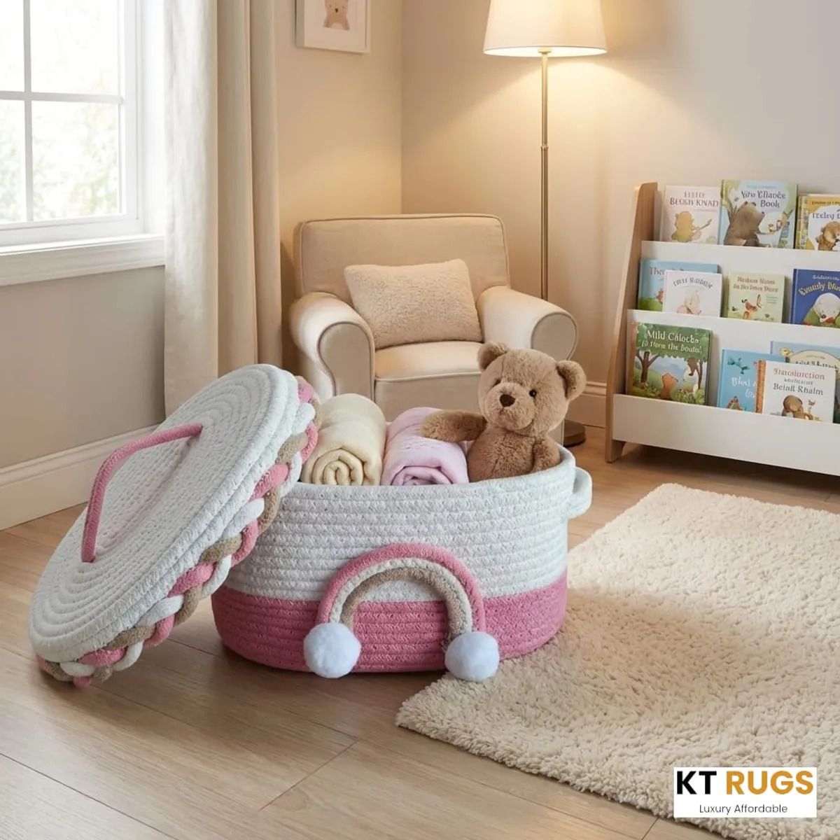 ktrugs Cotton POM POM Rainbow Storage Basket with Lid – Pink & White Best Nursery Organizer Storage Basket-picture-41