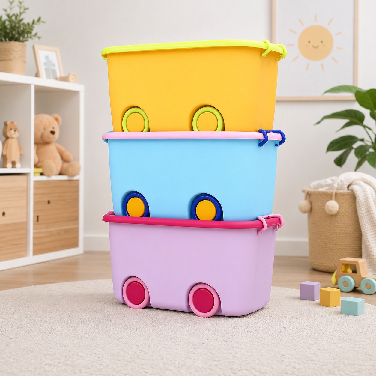 vishwaspoly Plastic 25L Storage Box with Wheels Lid Stackable Plastic Organizer Multi Colour Storage Basket-picture-4