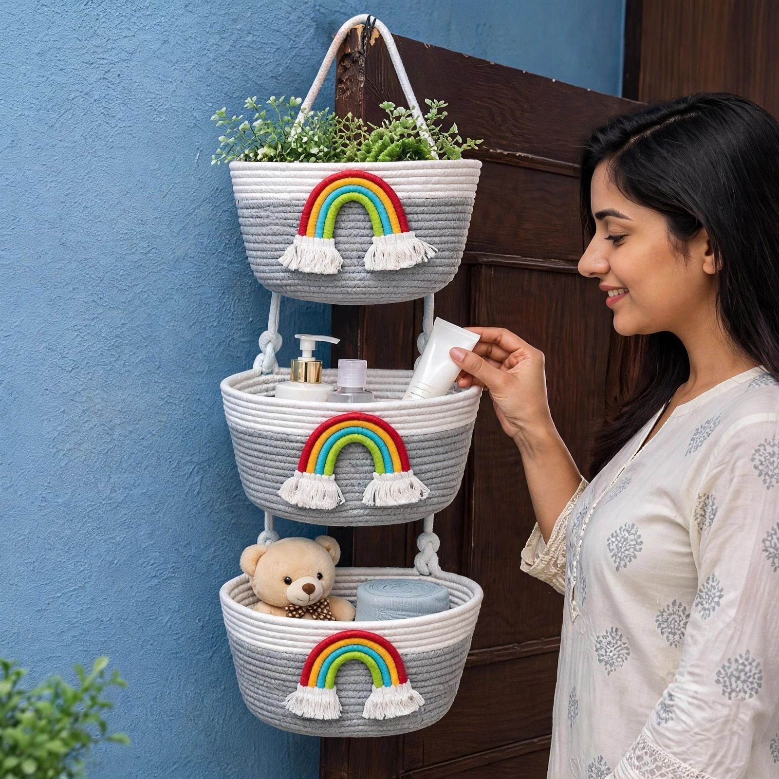 shri shyam Jute 3 Tier Cotton Rope Hanging Storage Basket Organizer | Grey Rainbow Design Storage Basket-picture-41