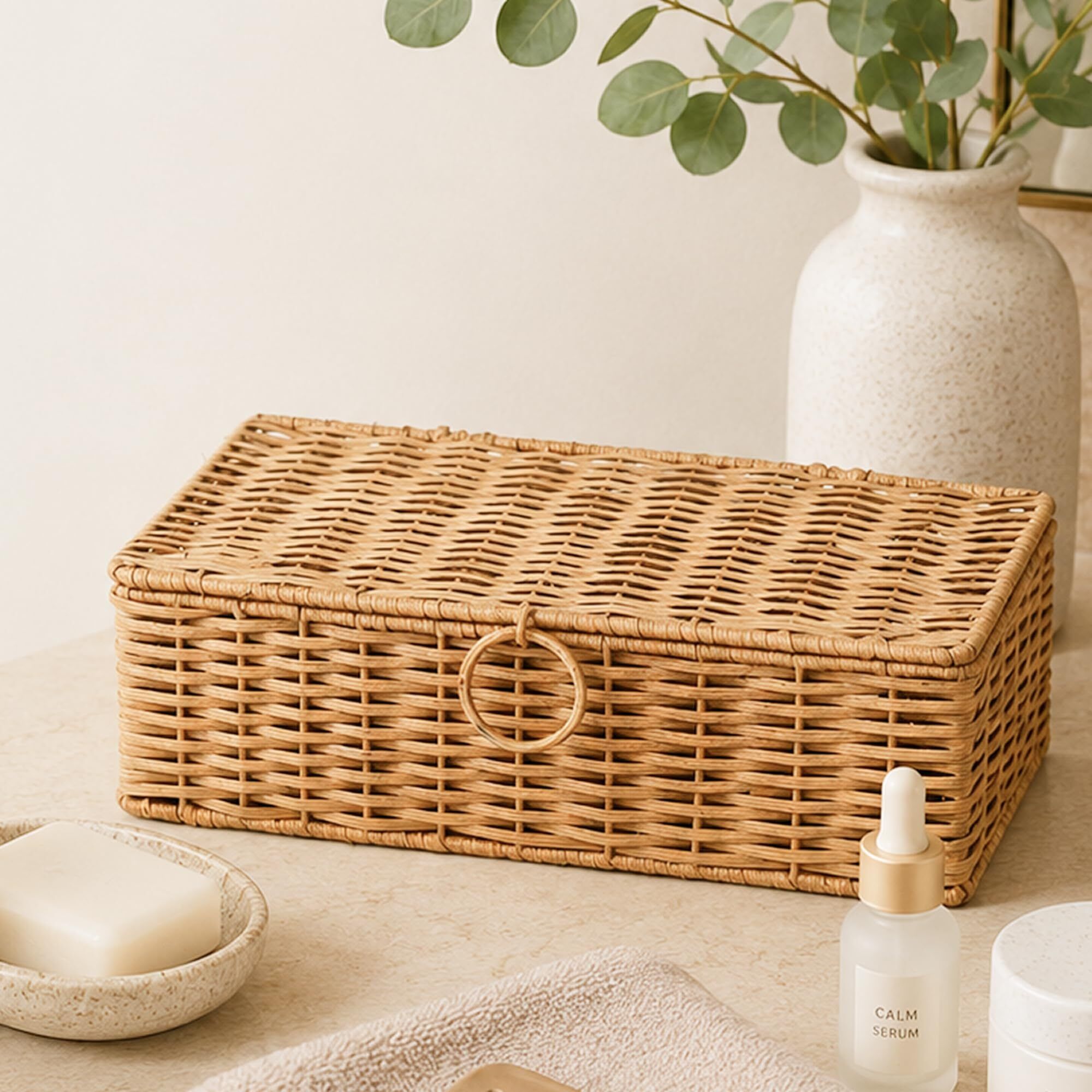 habereindia Bamboo Cane Storage Box with Flip Lid for Wardrobe & Desk Organizer Storage Basket-picture-38