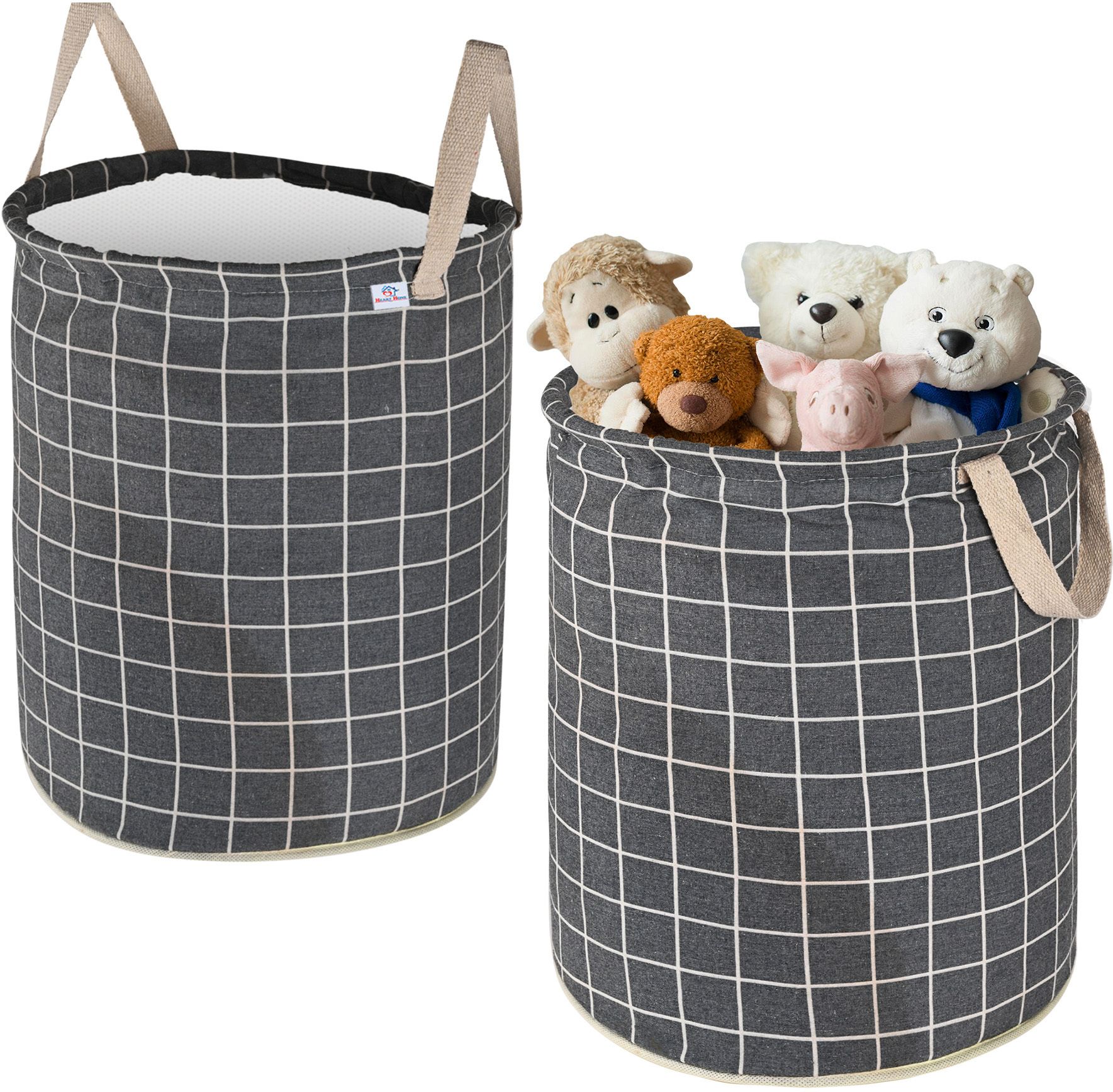 Cotton Pack of 2 Checks Cotton 45L Foldable Toys Organizer for Kids Room | Dark Grey Storage Basket-image-2