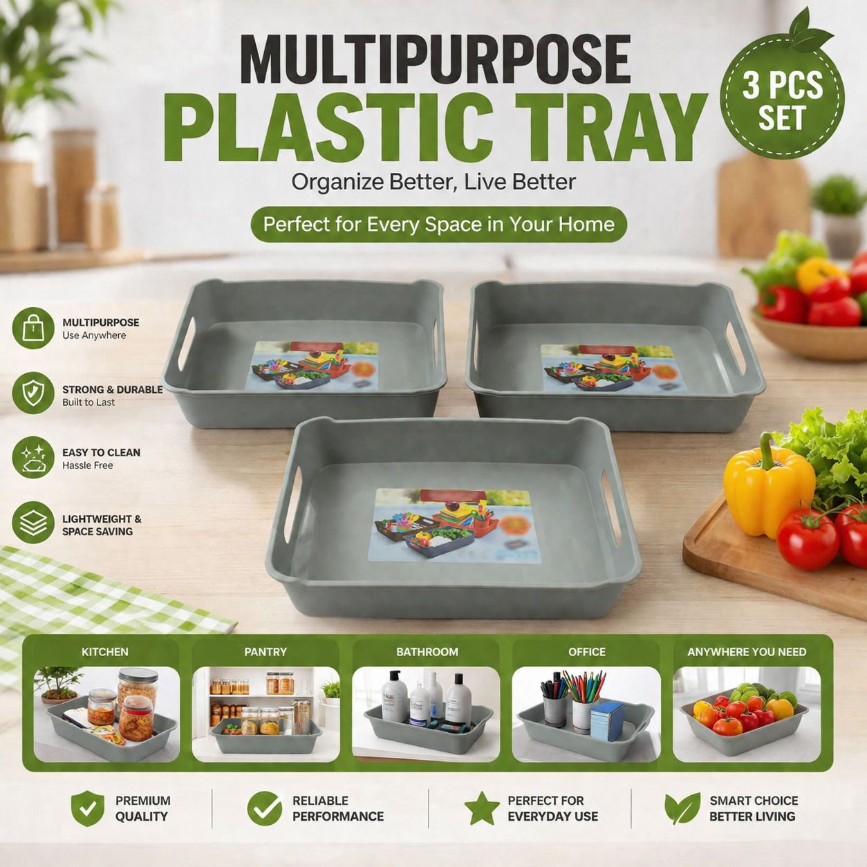 Plastic Set of 3 Multipurpose Storage Tray for Kitchen, Bathroom & Office Storage Basket-image-11