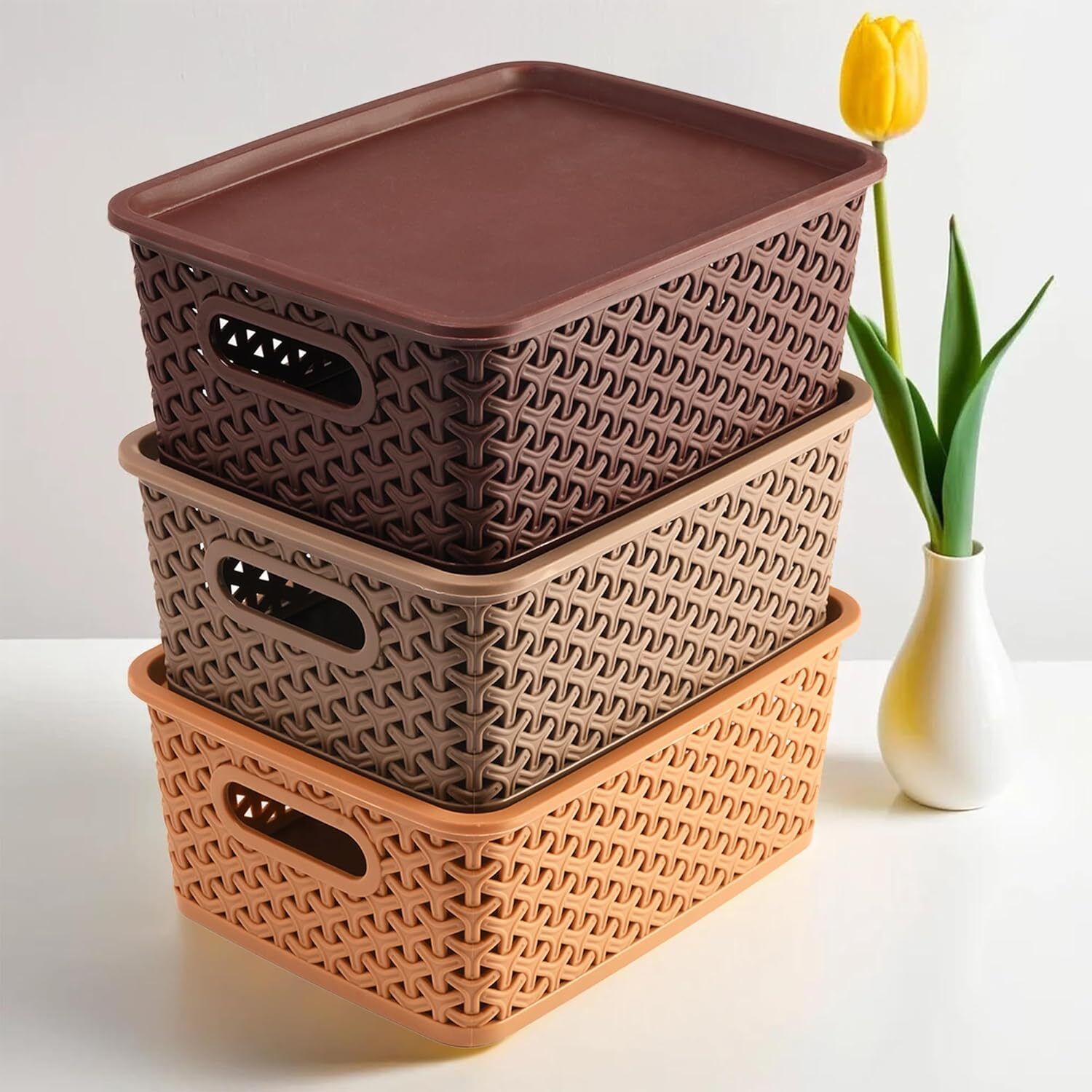 homely kitchen Plastic Plastic 3 Pieces Medium Size Multipurpose Solitaire Storage Basket with Lid Storage Basket-picture-44