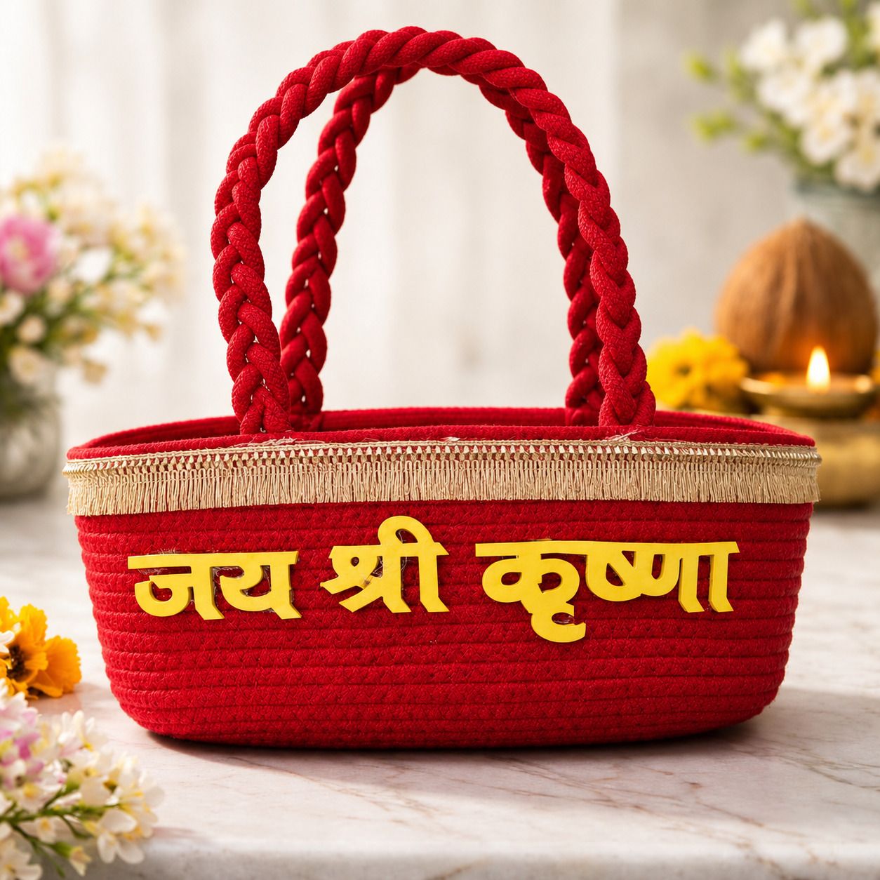 Cotton Rope Laddu Gopal Basket with Handle for Janmashtami Gift Basket (Red) Storage Basket-image-1