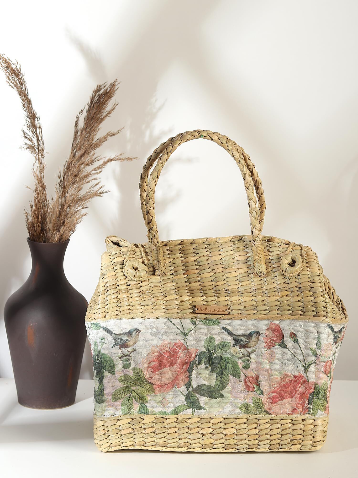 habereindia Seagrass Handwoven Seagrass Gift Hamper Basket for Picnic, Travel & Food Carry Storage Basket-picture-32