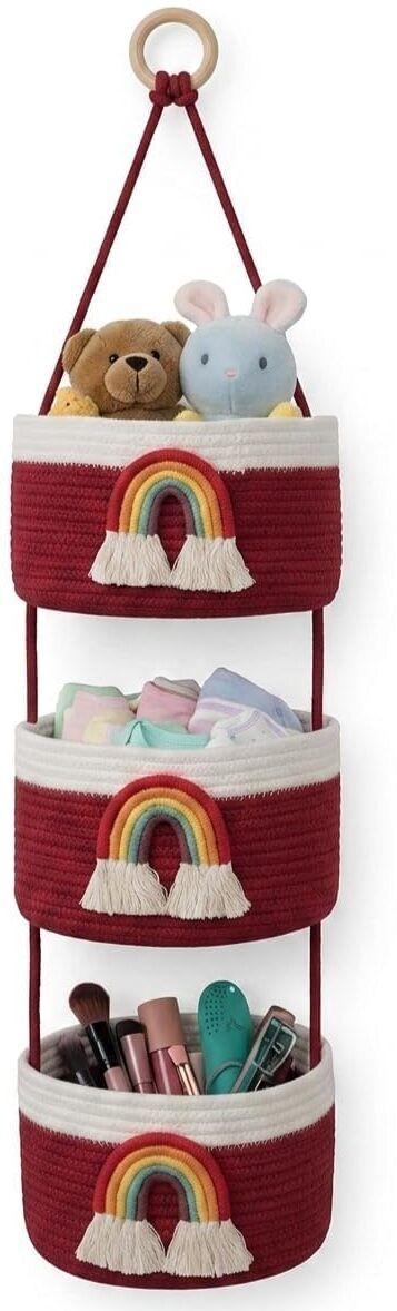 daksh Jute Rainbow 3 Tier Hanging Wall Decor Basket Set With Sturdy Adjustable Handles Storage Basket-picture-0