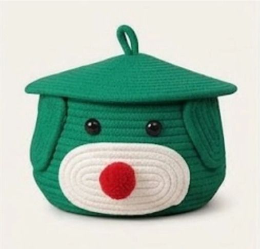 pst Cotton COTTON MATKA DOG FACE BASKET WITH LID GREEN Storage Basket-picture-18