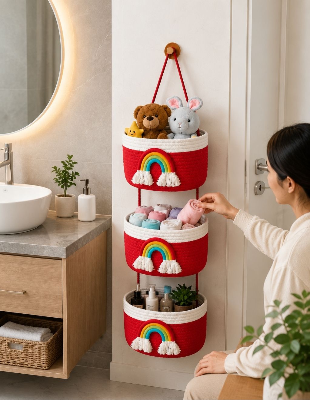 Cotton Premium red&white 3 tier Storage basket Storage Basket-image-12