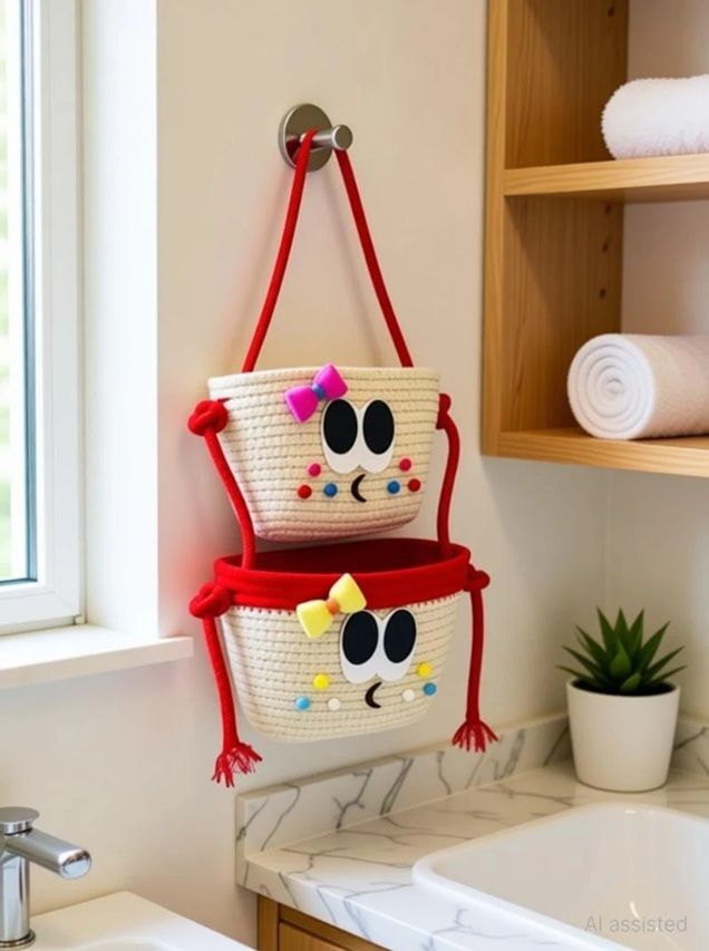 adeeba handloom Cotton 1 Hanging RED - White Storage Basket-picture-10