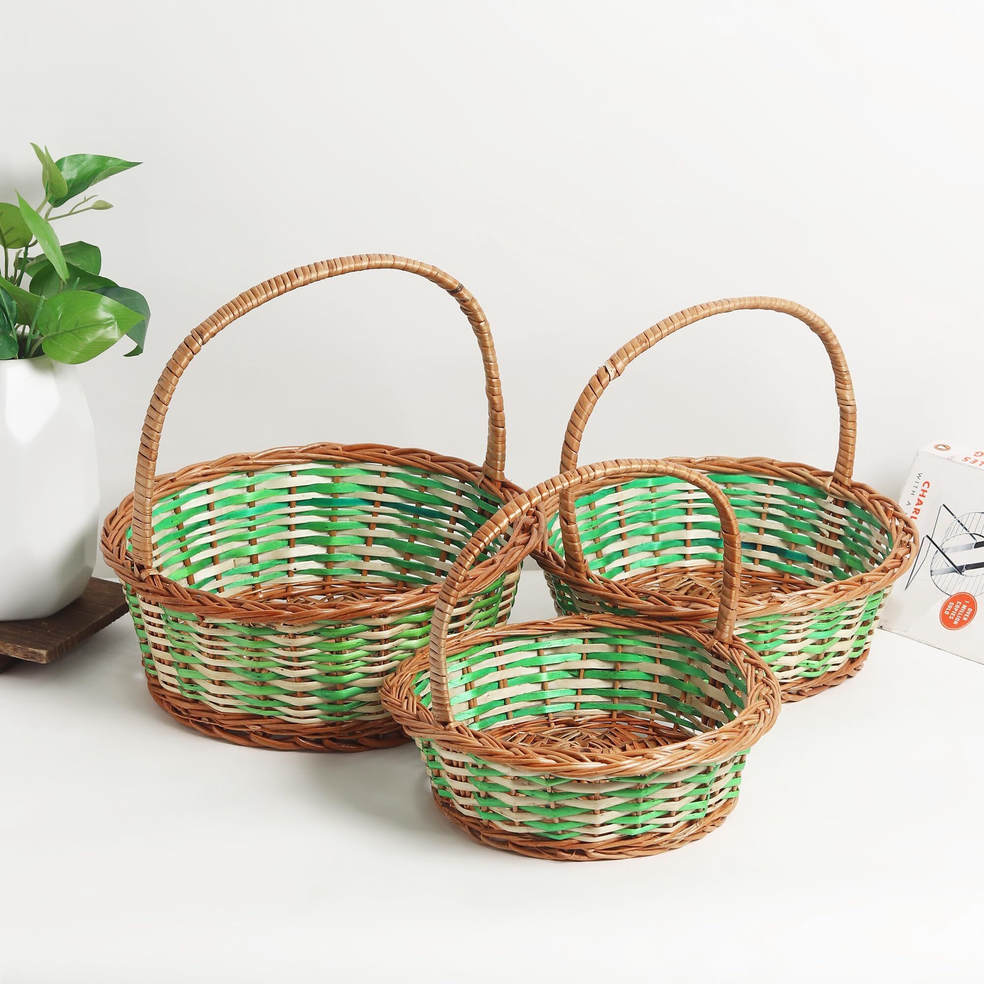 Bamboo Handcrafted Pyala Shaped Wicker Basket for Fruit and Gift Hampers (Set of 3) Storage Basket-image-43