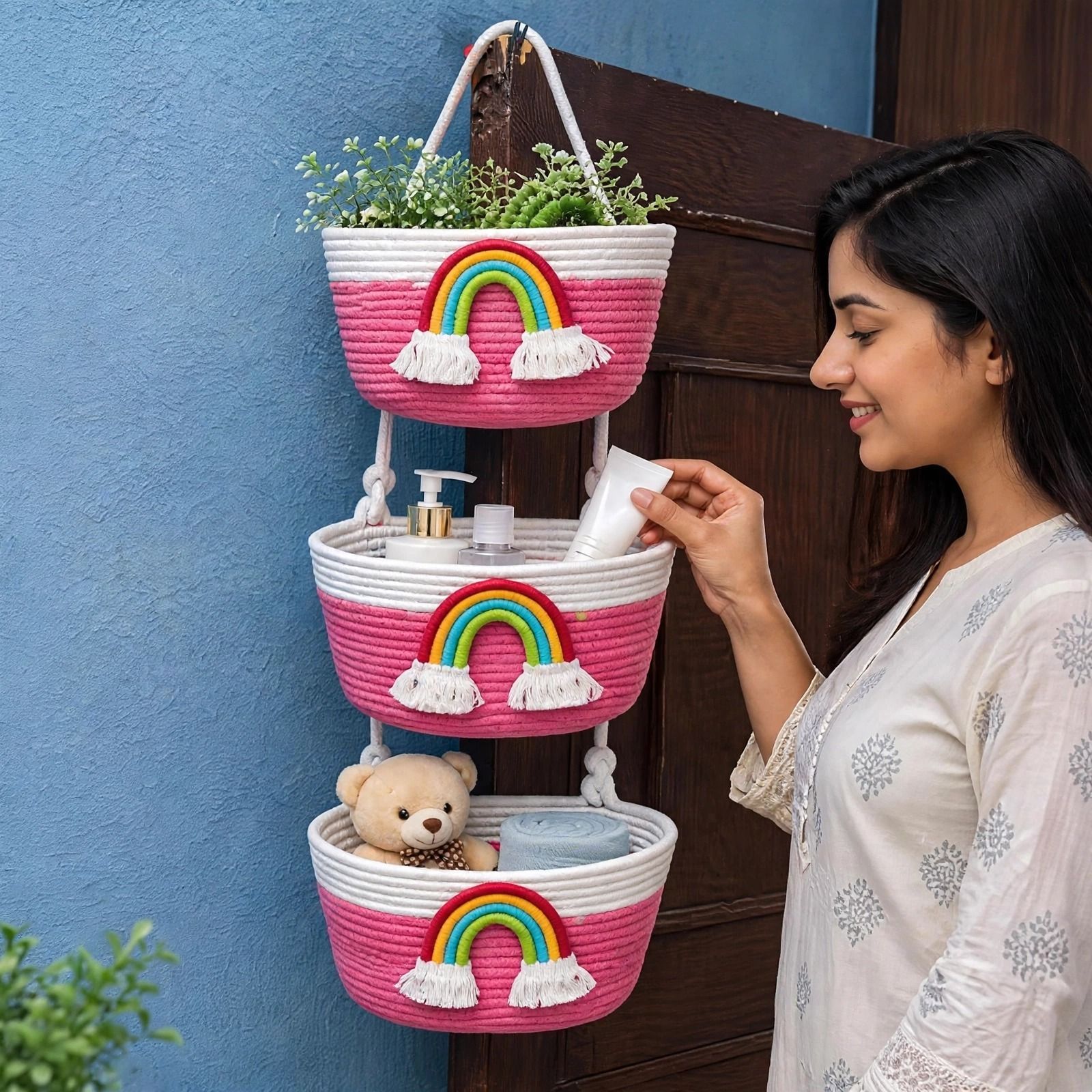 shri shyam Jute 3 Tier Cotton Rope Hanging Storage Basket Organizer | Pink Rainbow Design Storage Basket-picture-37