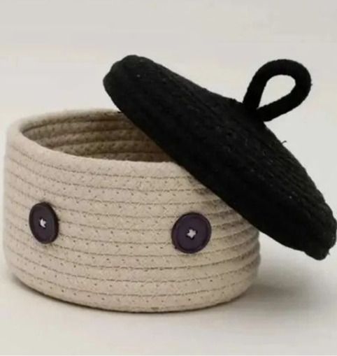 Cotton, Jute 12x12 cm COTTON ROUND FACE BASKET WITH LID Storage Basket-image-33