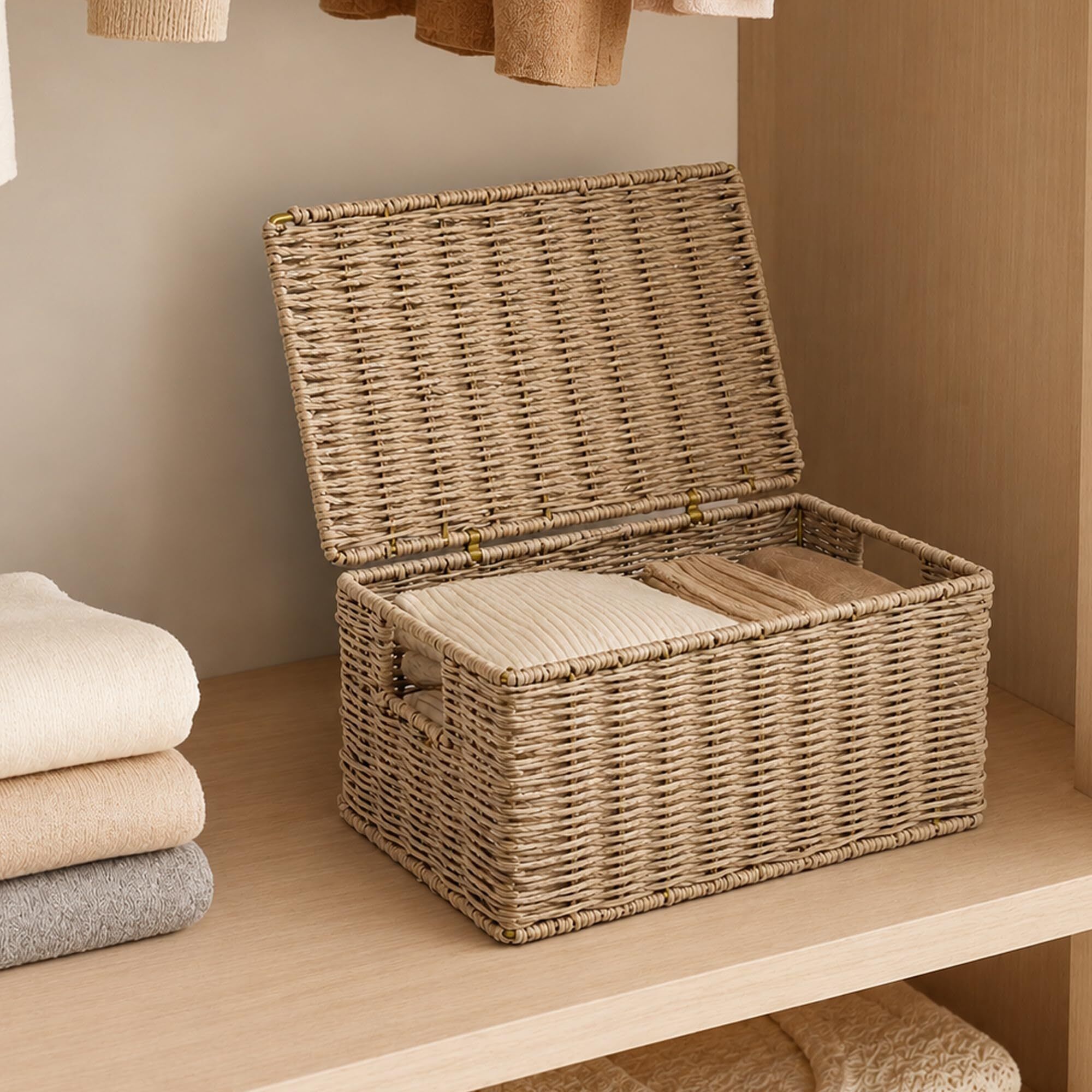 Seagrass Handwoven Raffia Storage Box with Lid for Wardrobe Storage Storage Basket-image-13