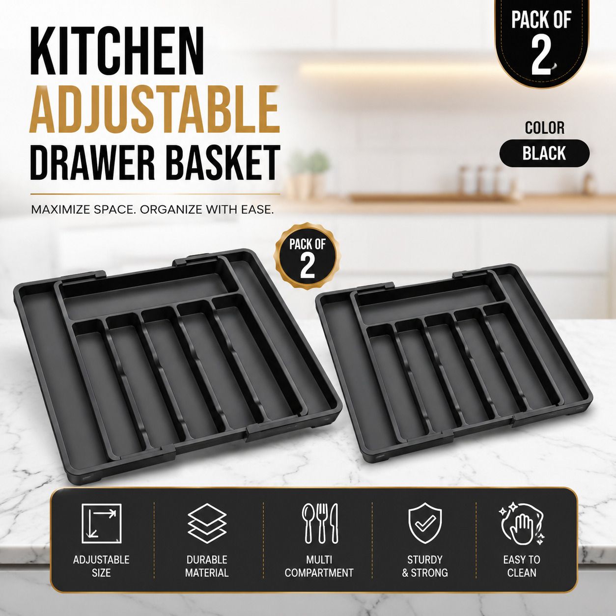 Plastic Kitchen Rack, Cutlery Drawer Organizer, Adjustable Utensil Tray ( BLACK - 2 ) Storage Basket-image-48