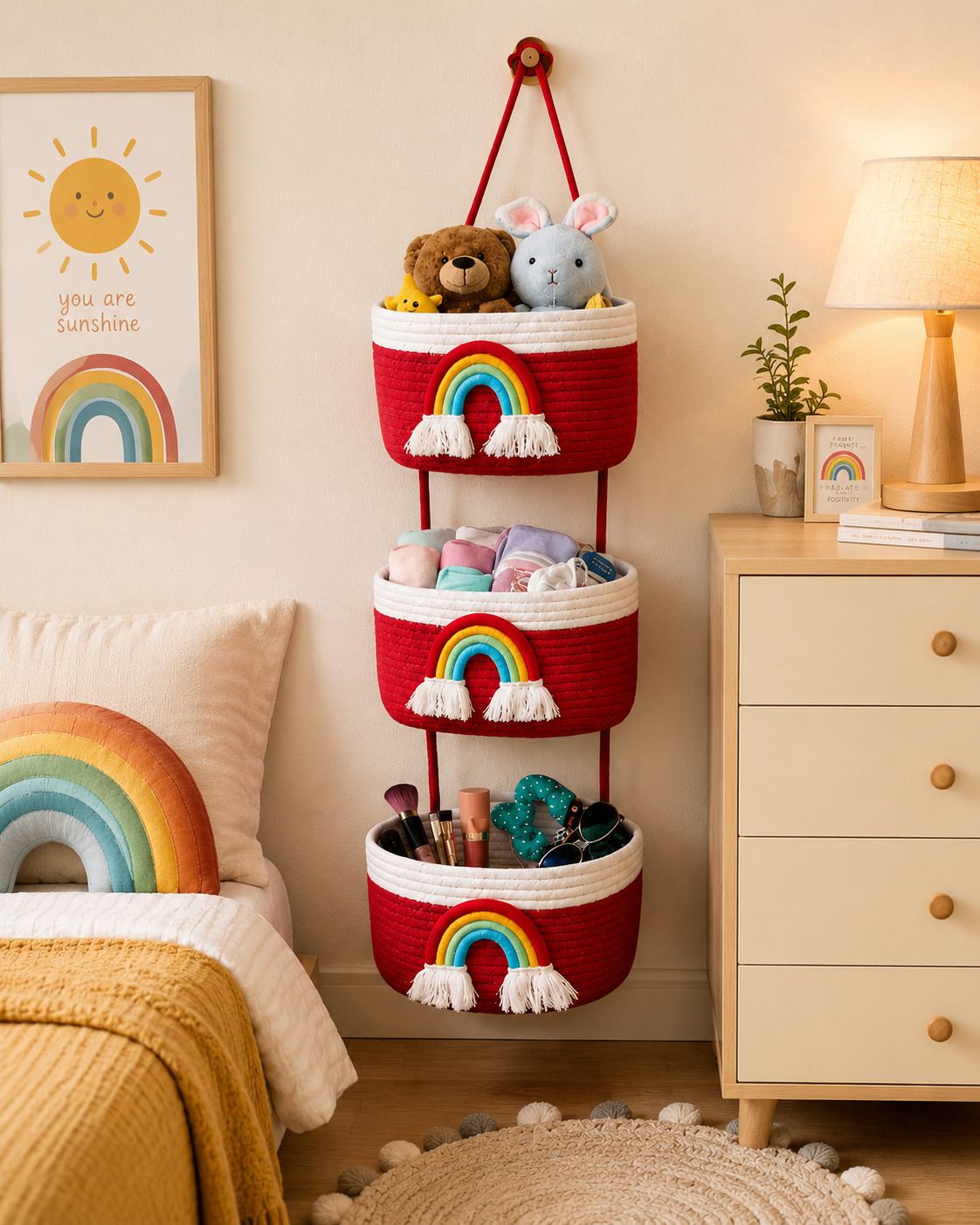 Cotton rainbow cotton rope 3 tier hanging basket Storage Basket-image-11