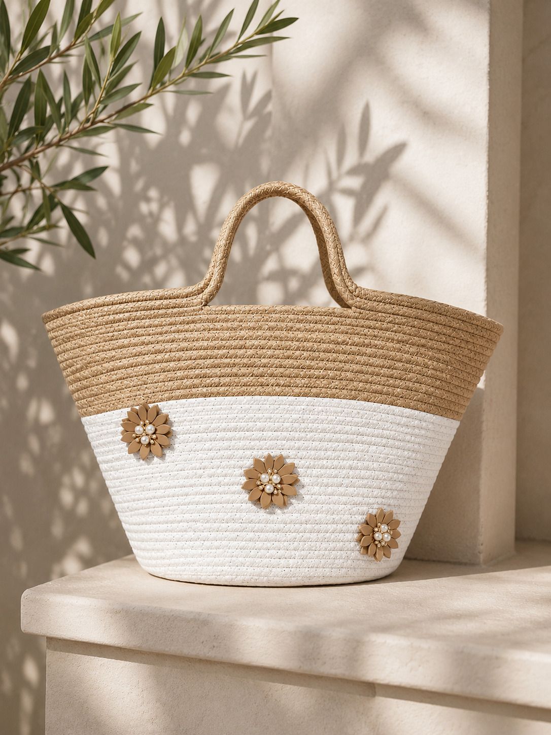 dori craft by divya Cotton tote bag with flower design Storage Basket-picture-27