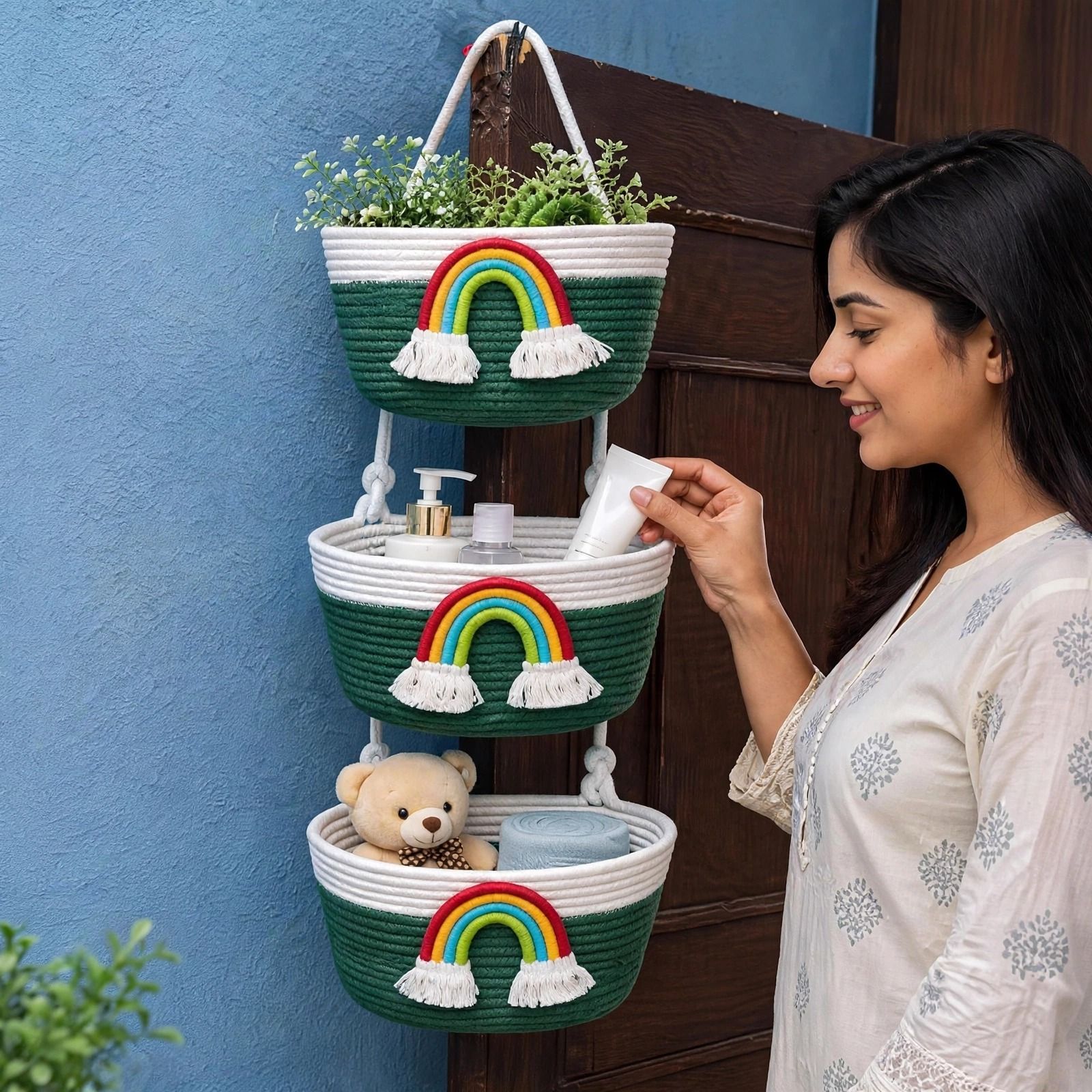 shri shyam Jute 3 Tier Cotton Rope Hanging Storage Basket Organizer | Green Rainbow Design Storage Basket-picture-36