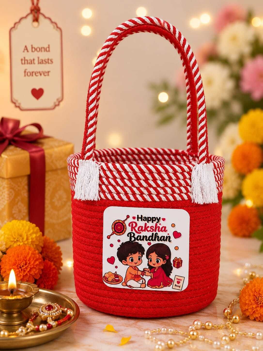 Cotton Bhai Behan Gift Basket with Handle BRed Storage Basket-image-25