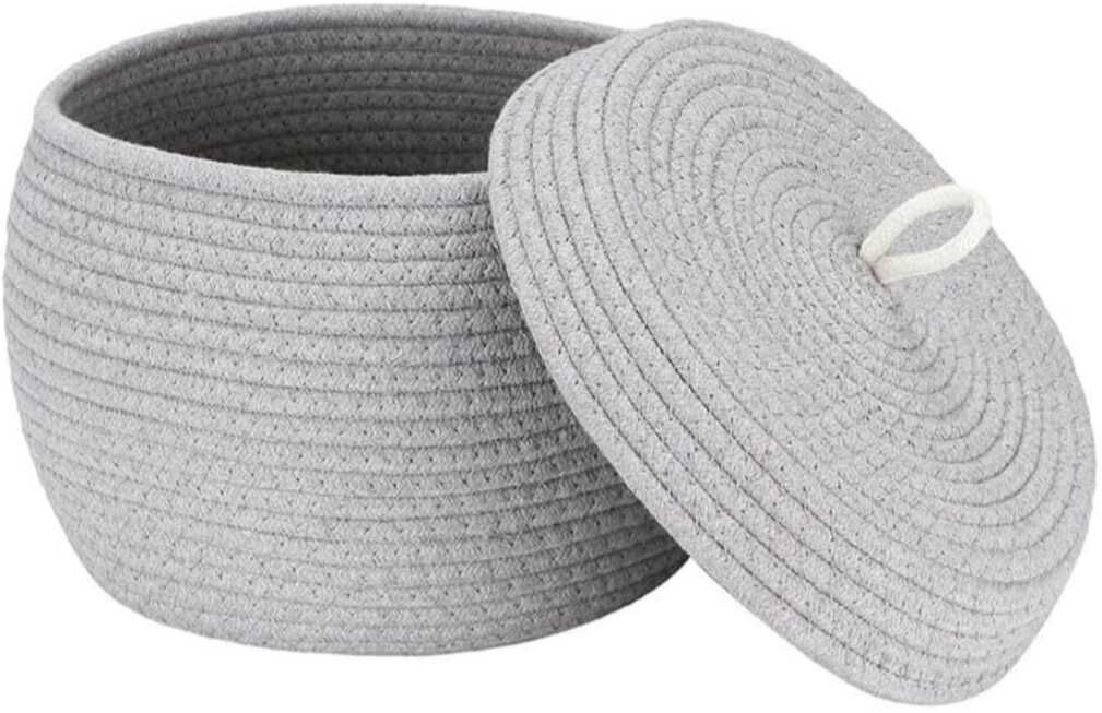 Cotton Grey Matka Basket with Lid Storage Basket-image-1