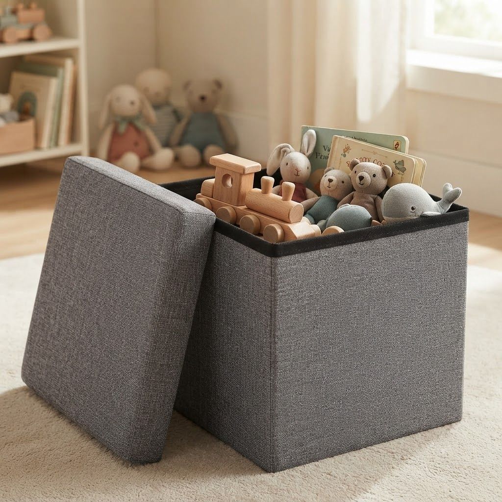 evona Cotton Foldable Storage Ottoman Stool with Padded Seat, Linen Fabric Collapsible Storage Basket-picture-5